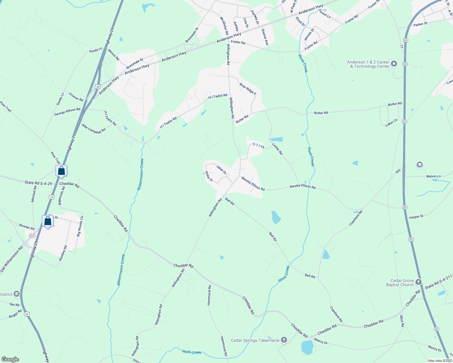 map of restaurants, bars, coffee shops, grocery stores, and more near 103 Jalan Drive in Williamston