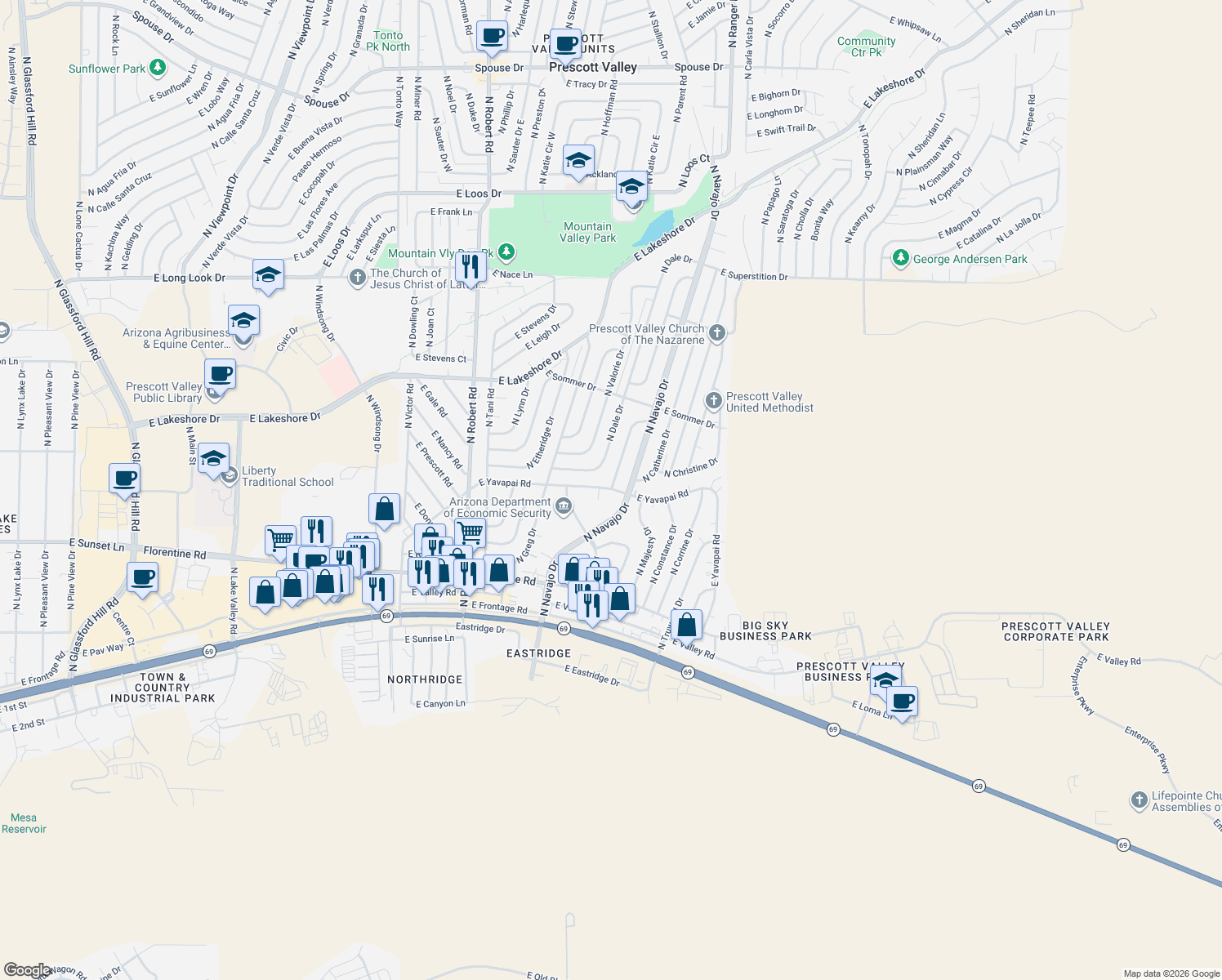 map of restaurants, bars, coffee shops, grocery stores, and more near 8617 East Yavapai Road in Prescott Valley