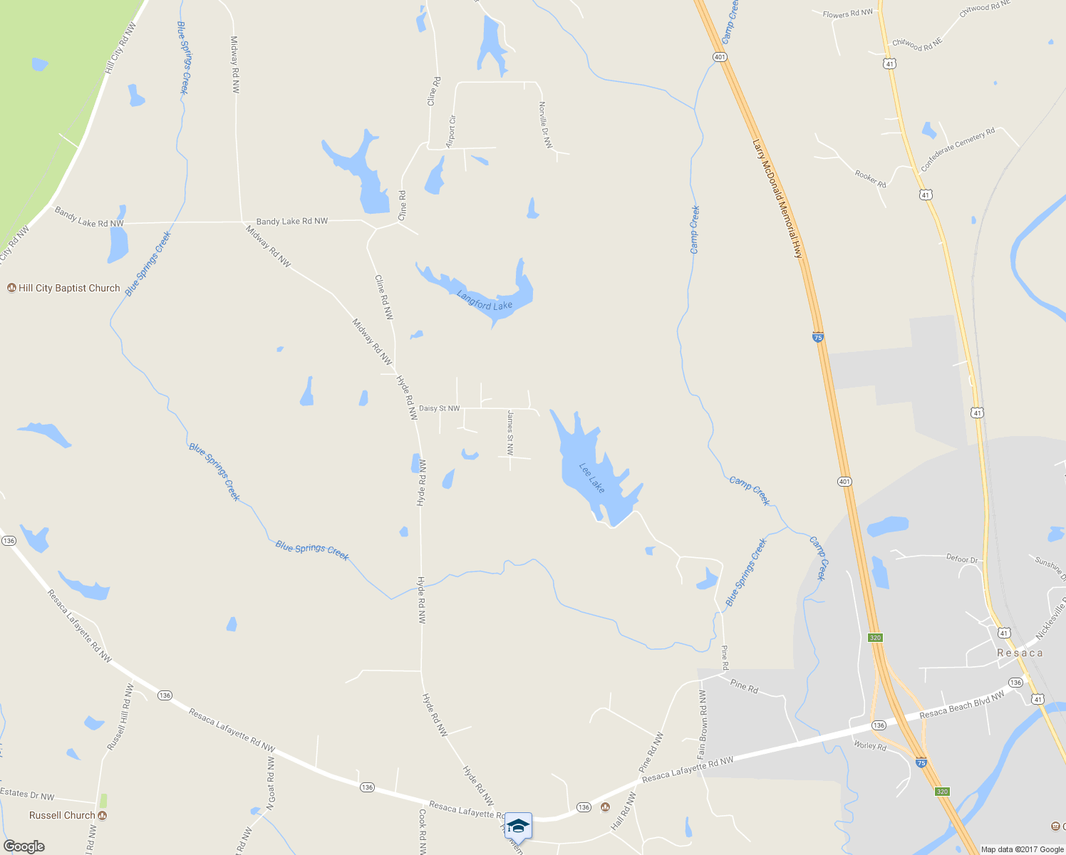 map of restaurants, bars, coffee shops, grocery stores, and more near 204 James Street Northwest in Resaca