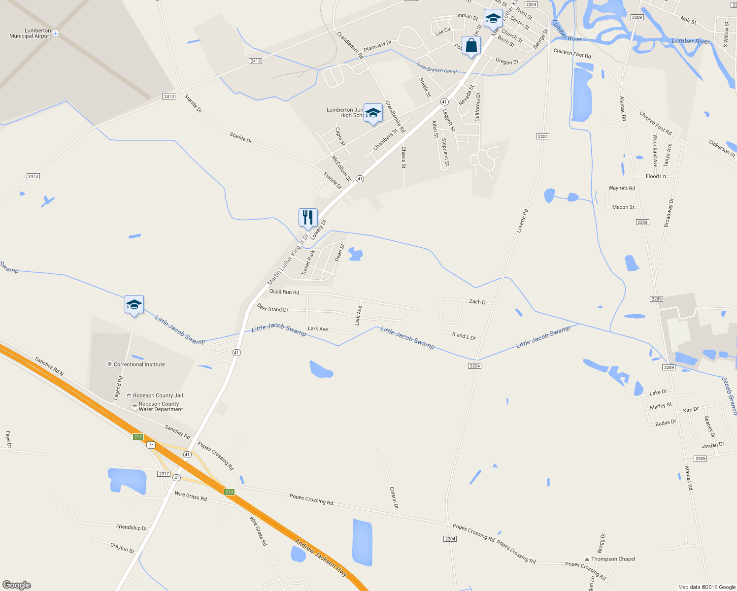 map of restaurants, bars, coffee shops, grocery stores, and more near 517 Quail Run Road in Lumberton