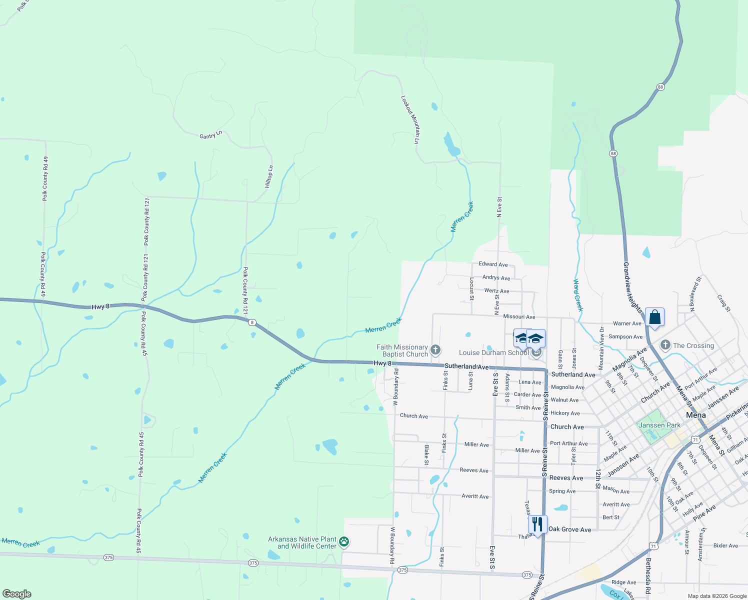 map of restaurants, bars, coffee shops, grocery stores, and more near 164 Polk Road 721 in Mena
