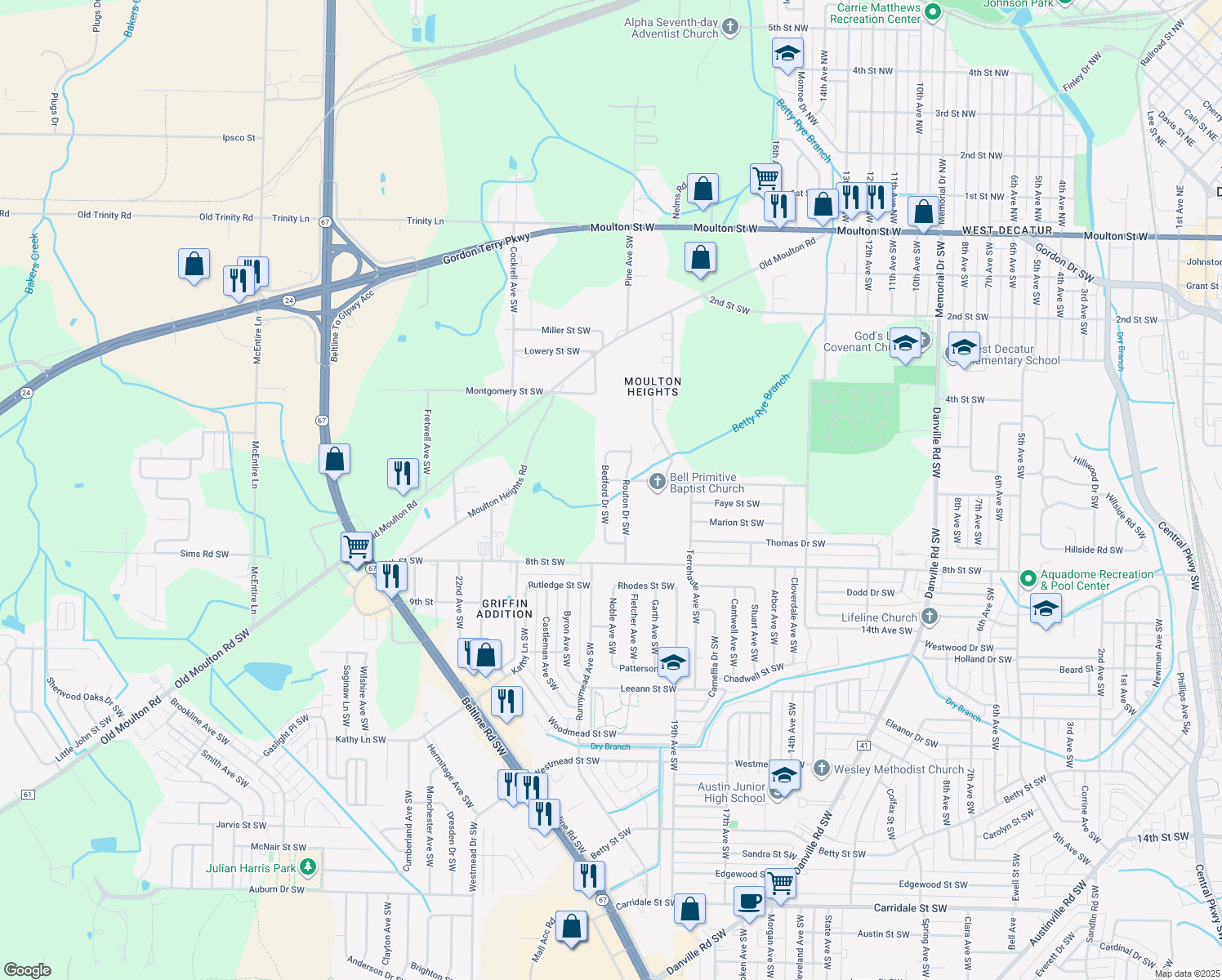 map of restaurants, bars, coffee shops, grocery stores, and more near 1004 Bedford Dr SW in Decatur