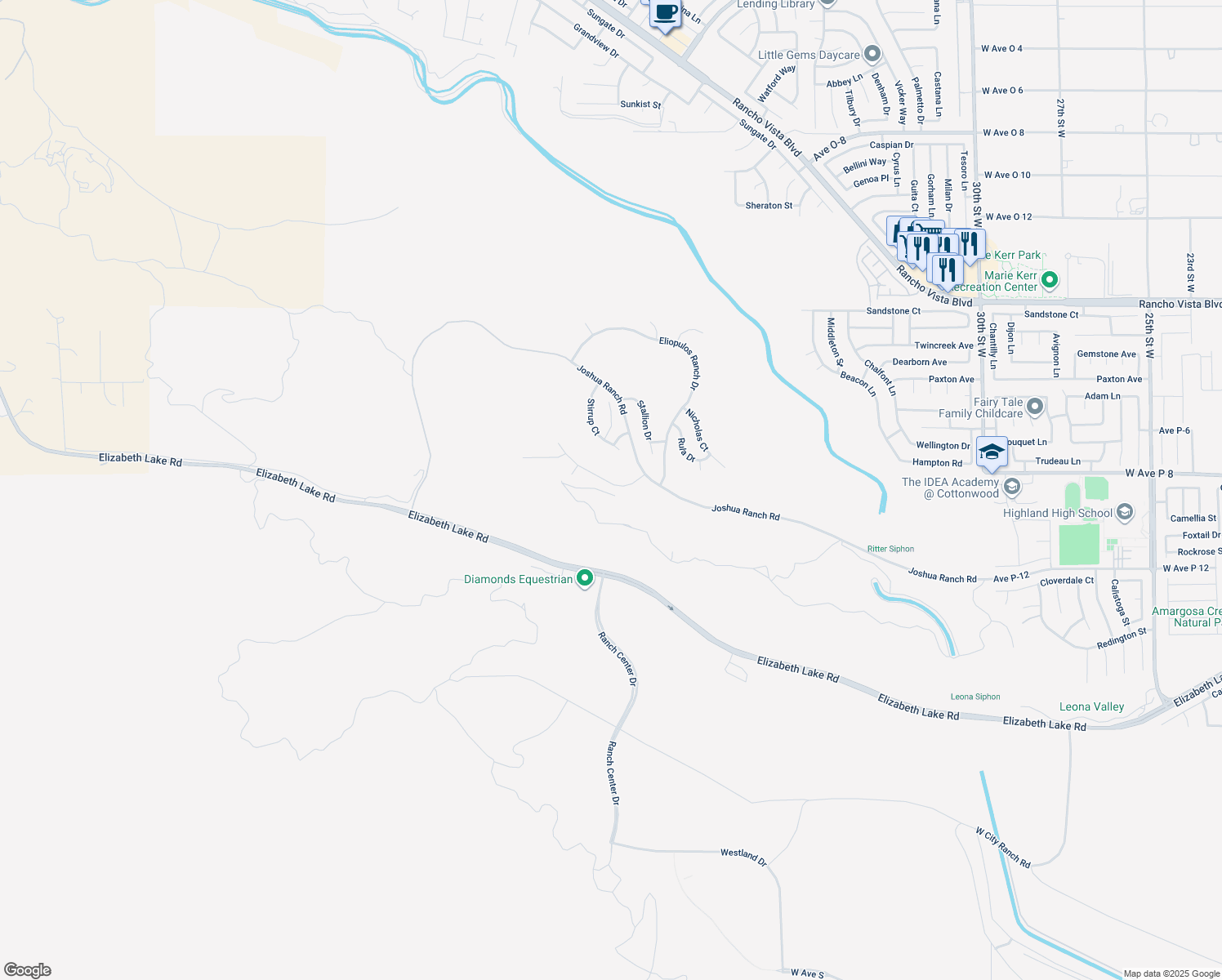 map of restaurants, bars, coffee shops, grocery stores, and more near 3884 Saddle Drive in Palmdale