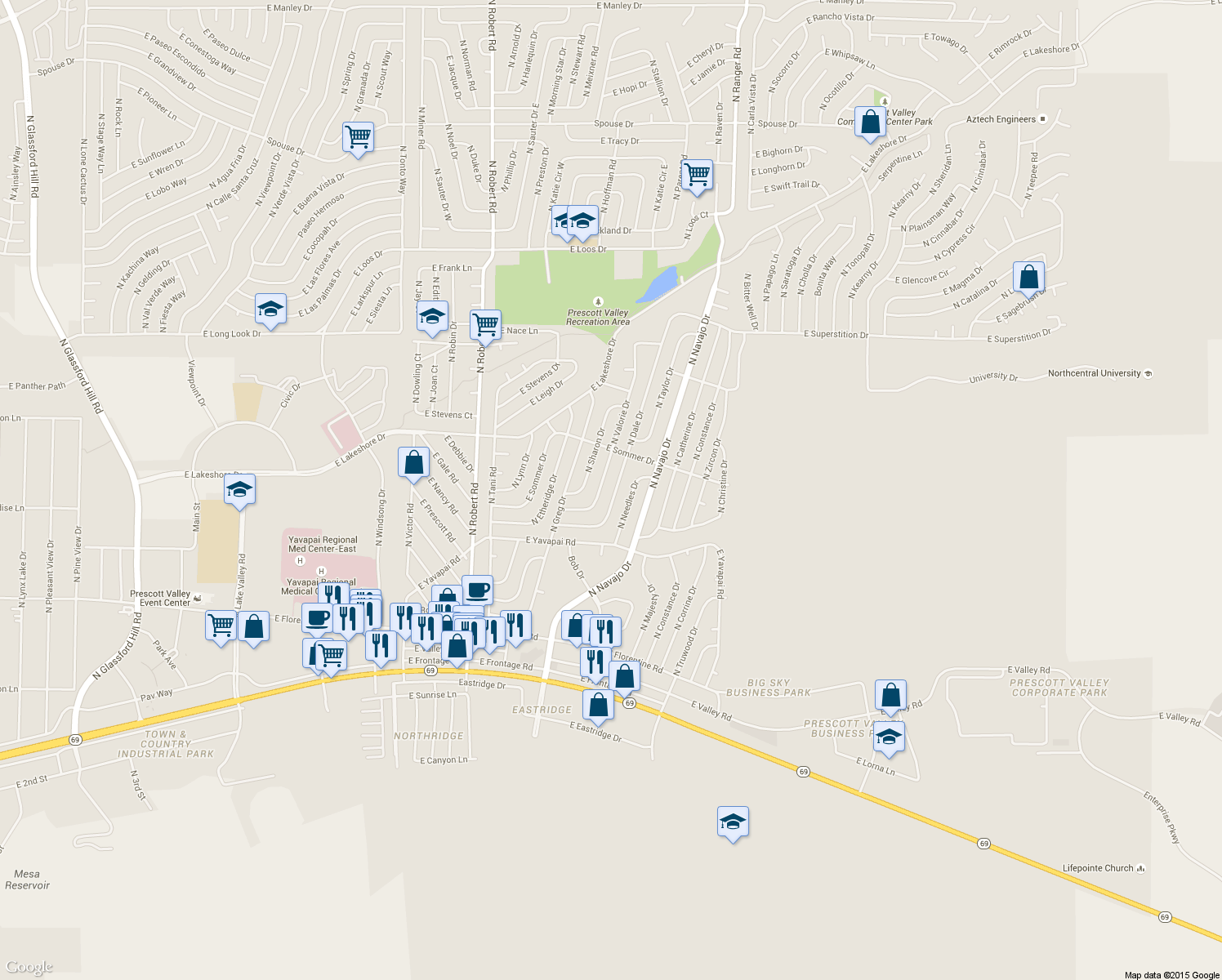 map of restaurants, bars, coffee shops, grocery stores, and more near 3512 North Dale Drive in Prescott Valley