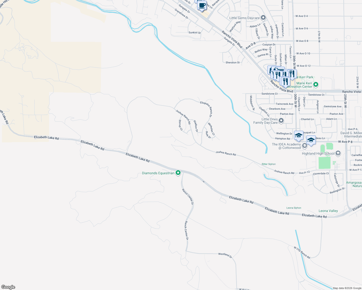 map of restaurants, bars, coffee shops, grocery stores, and more near in Palmdale