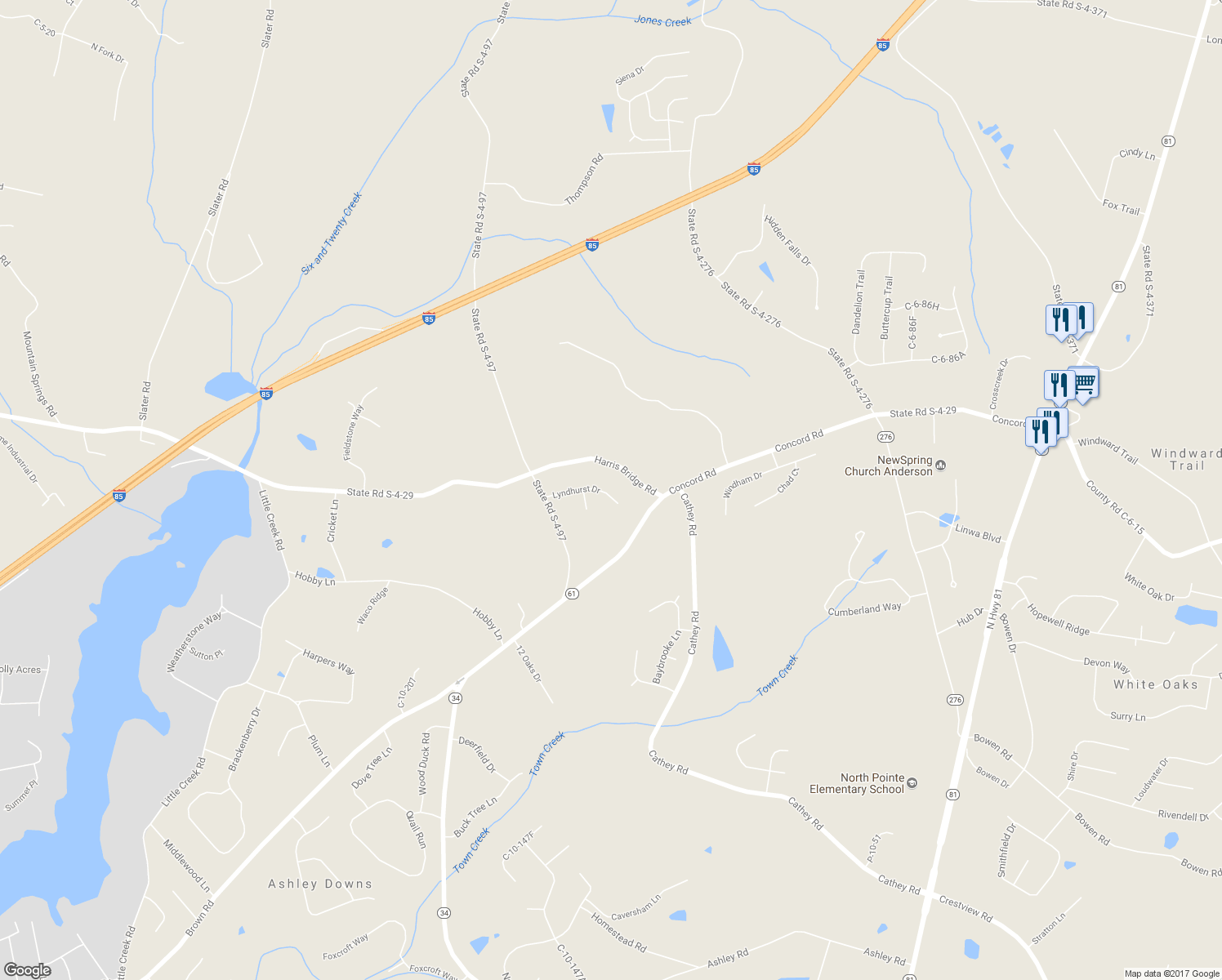 map of restaurants, bars, coffee shops, grocery stores, and more near 117 Lyndhurst Drive in Anderson