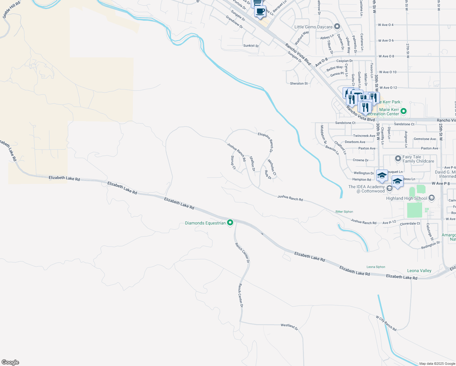 map of restaurants, bars, coffee shops, grocery stores, and more near Pinto Court in Palmdale
