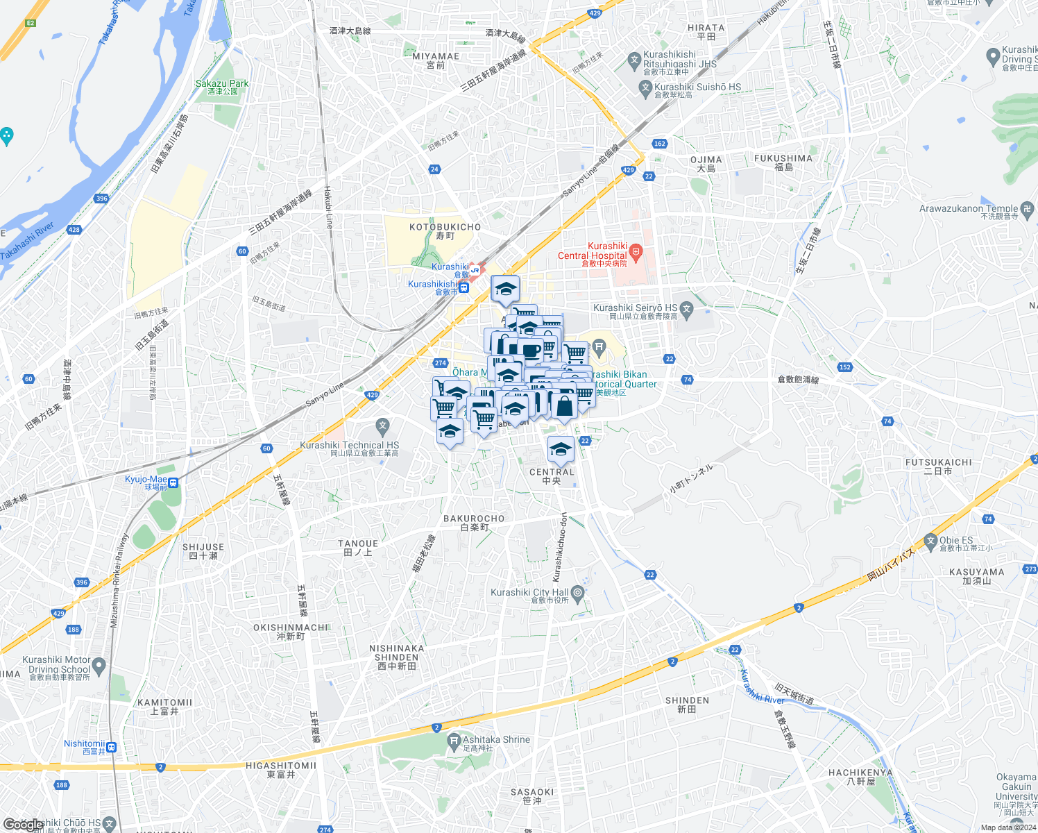 map of restaurants, bars, coffee shops, grocery stores, and more near in Kurashiki