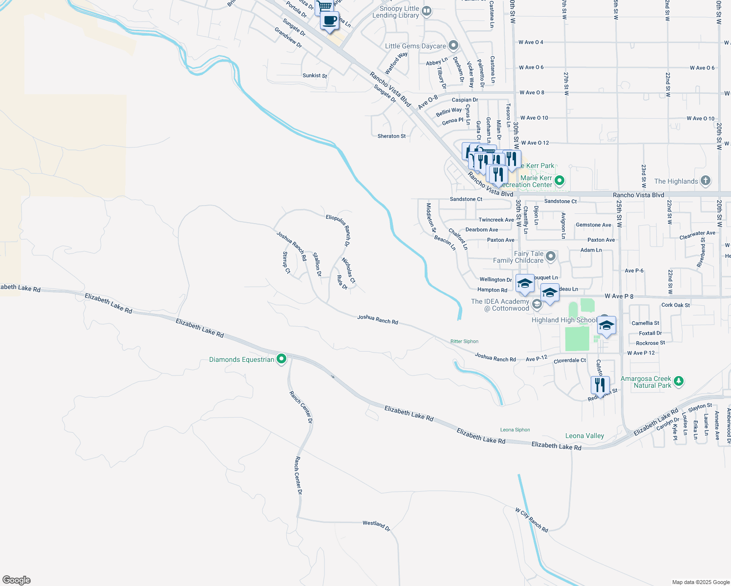 map of restaurants, bars, coffee shops, grocery stores, and more near 39660 Nicholas Court in Palmdale