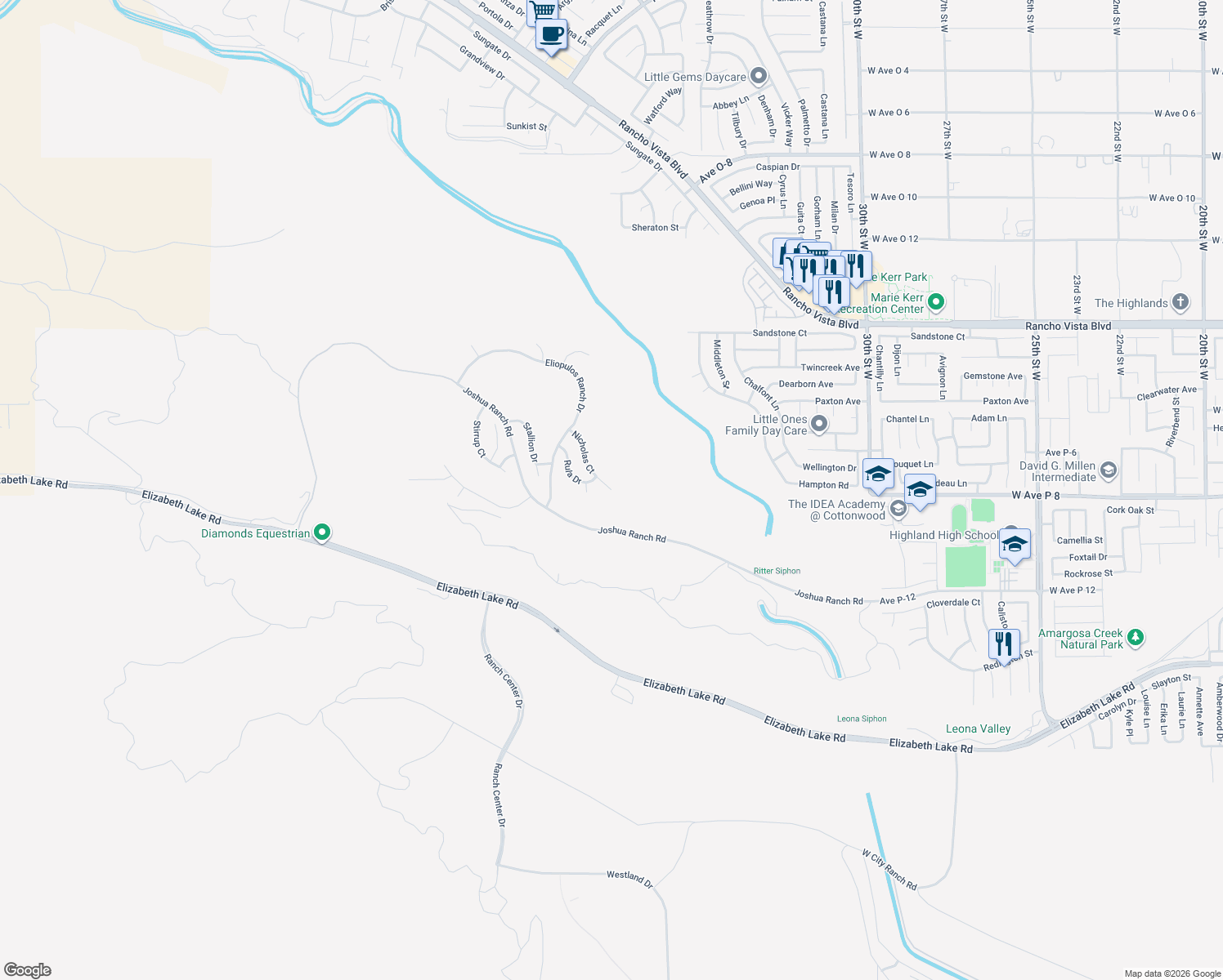 map of restaurants, bars, coffee shops, grocery stores, and more near 39660 Nicholas Court in Palmdale