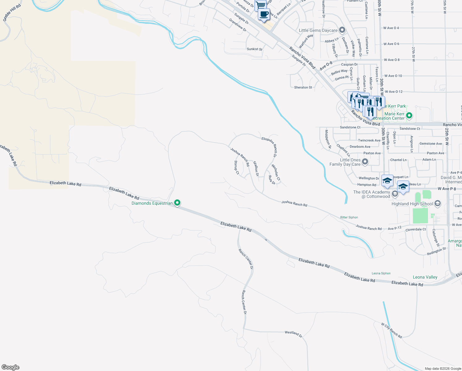 map of restaurants, bars, coffee shops, grocery stores, and more near Pinto Court in Palmdale