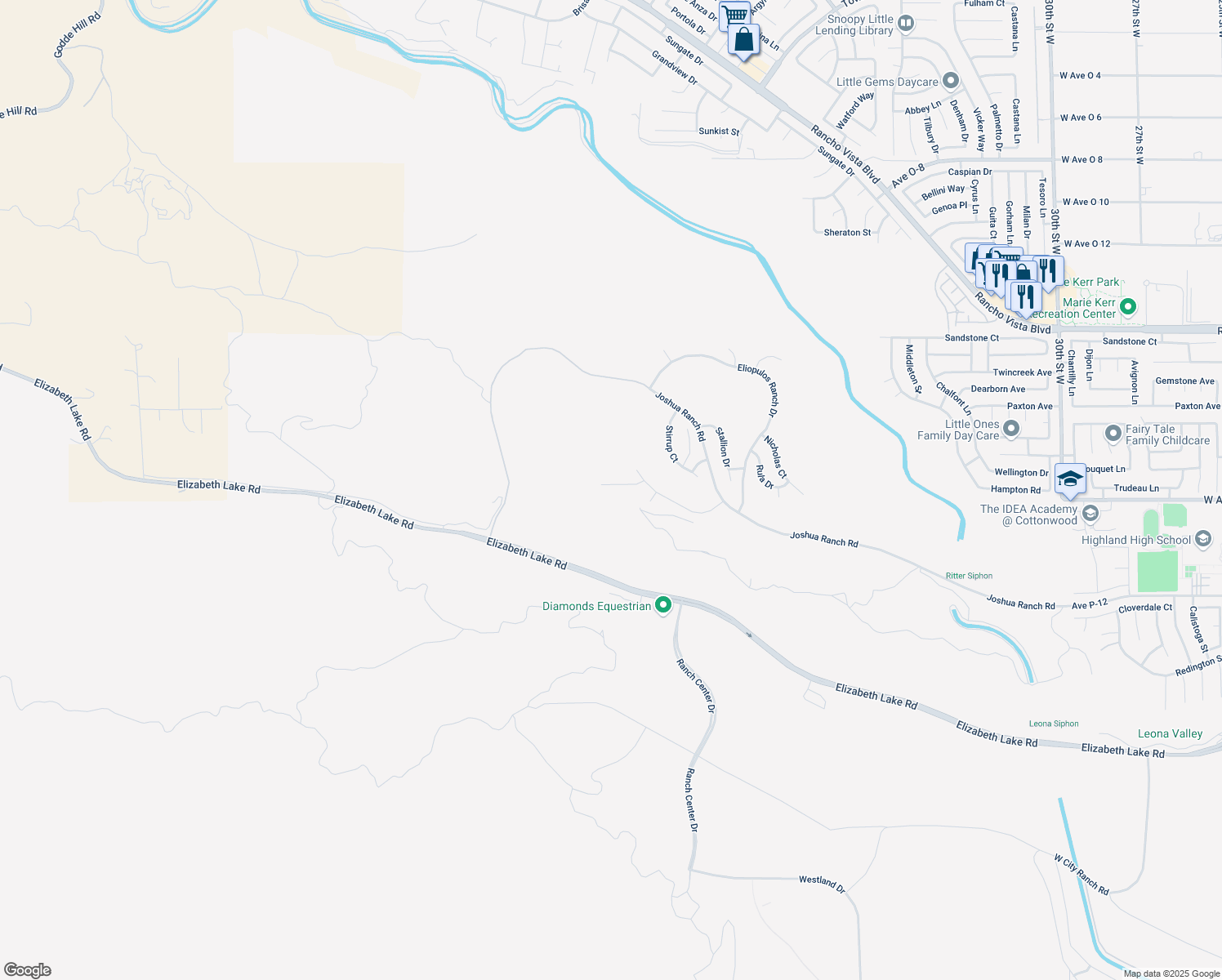 map of restaurants, bars, coffee shops, grocery stores, and more near Bridle Court in Palmdale