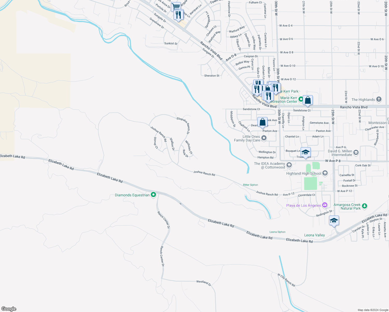 map of restaurants, bars, coffee shops, grocery stores, and more near 39660 Nicholas Court in Palmdale