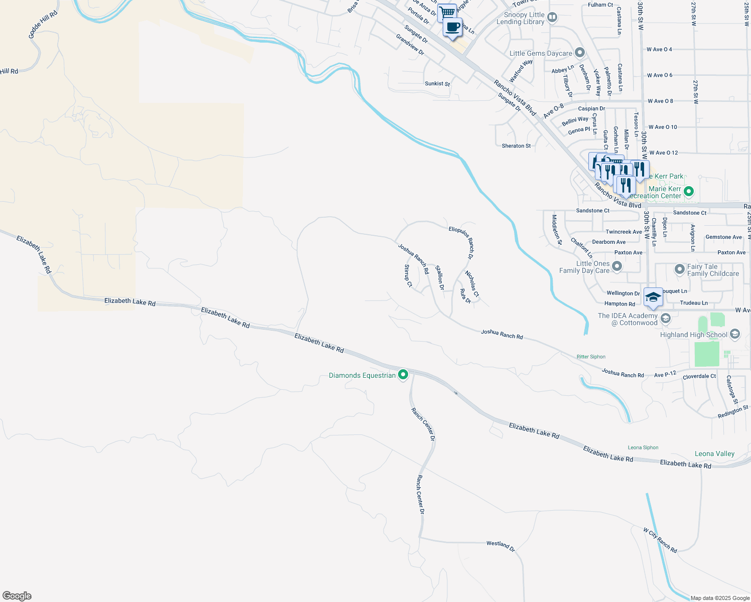 map of restaurants, bars, coffee shops, grocery stores, and more near Bridle Court in Palmdale