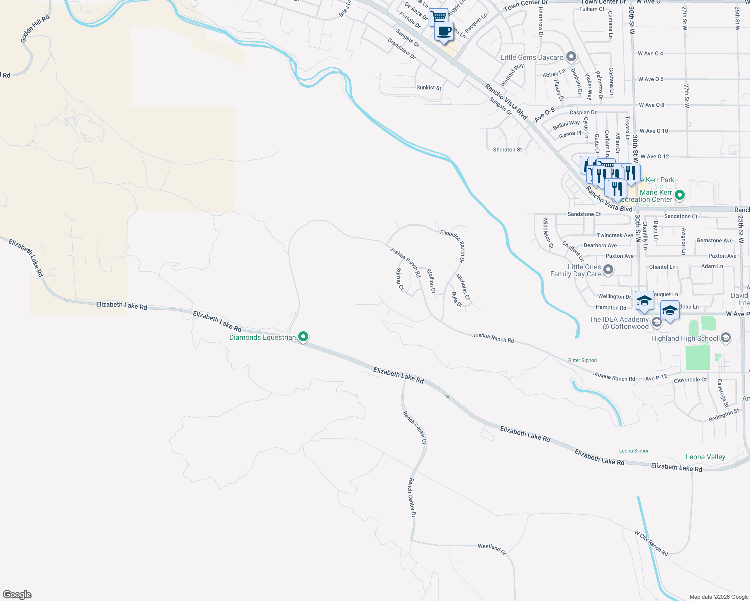 map of restaurants, bars, coffee shops, grocery stores, and more near 4029 Bridle Court in Palmdale