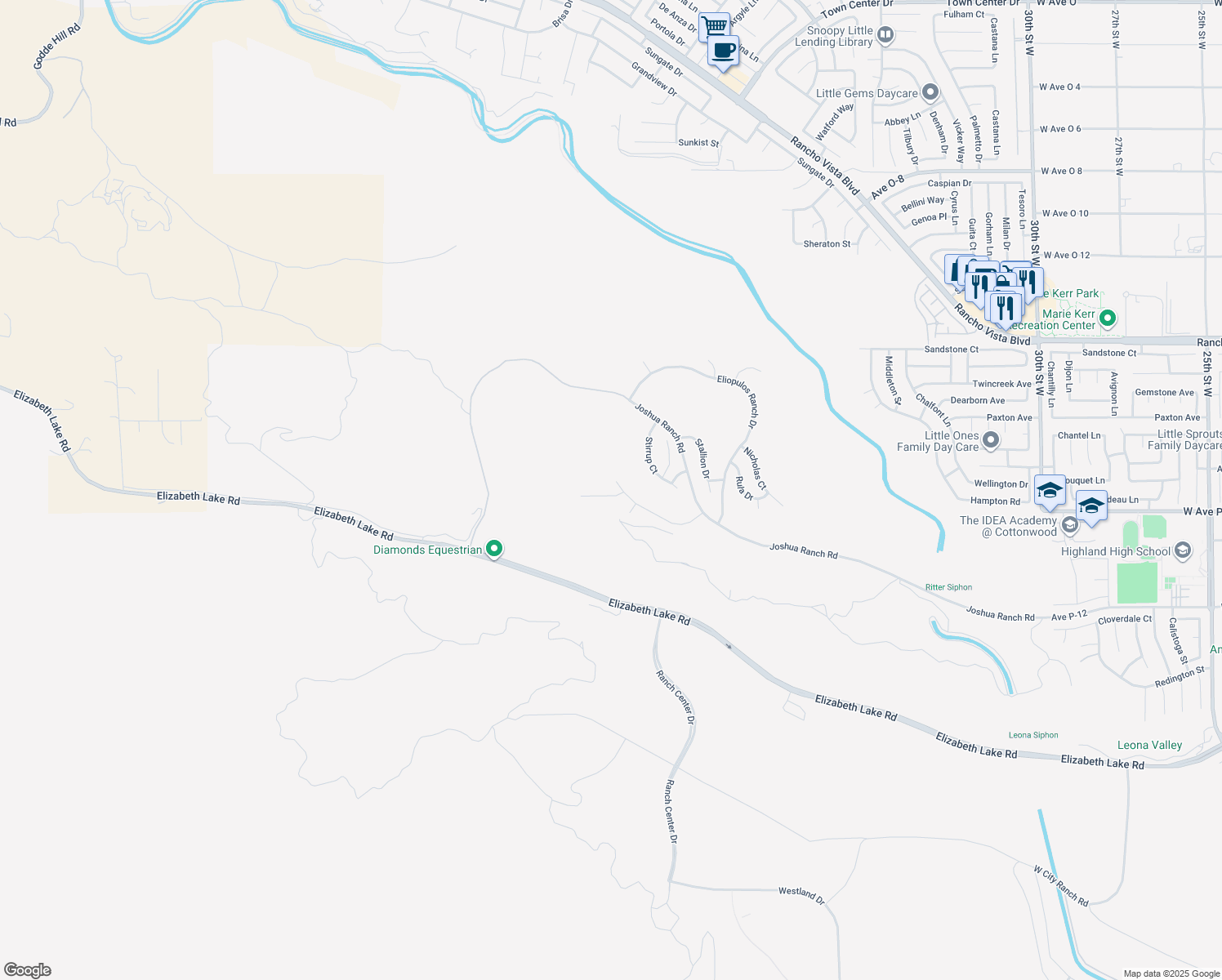 map of restaurants, bars, coffee shops, grocery stores, and more near 4029 Bridle Court in Palmdale