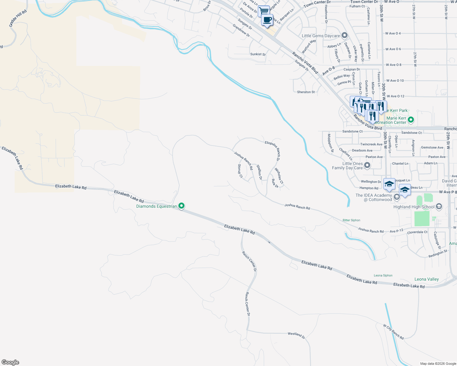 map of restaurants, bars, coffee shops, grocery stores, and more near 4032 Saddle Drive in Palmdale