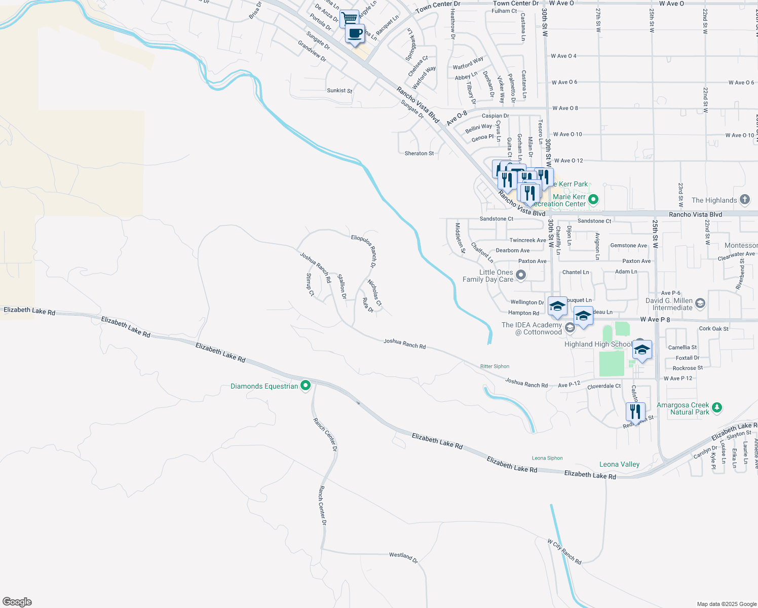 map of restaurants, bars, coffee shops, grocery stores, and more near 39630 Nicholas Court in Palmdale