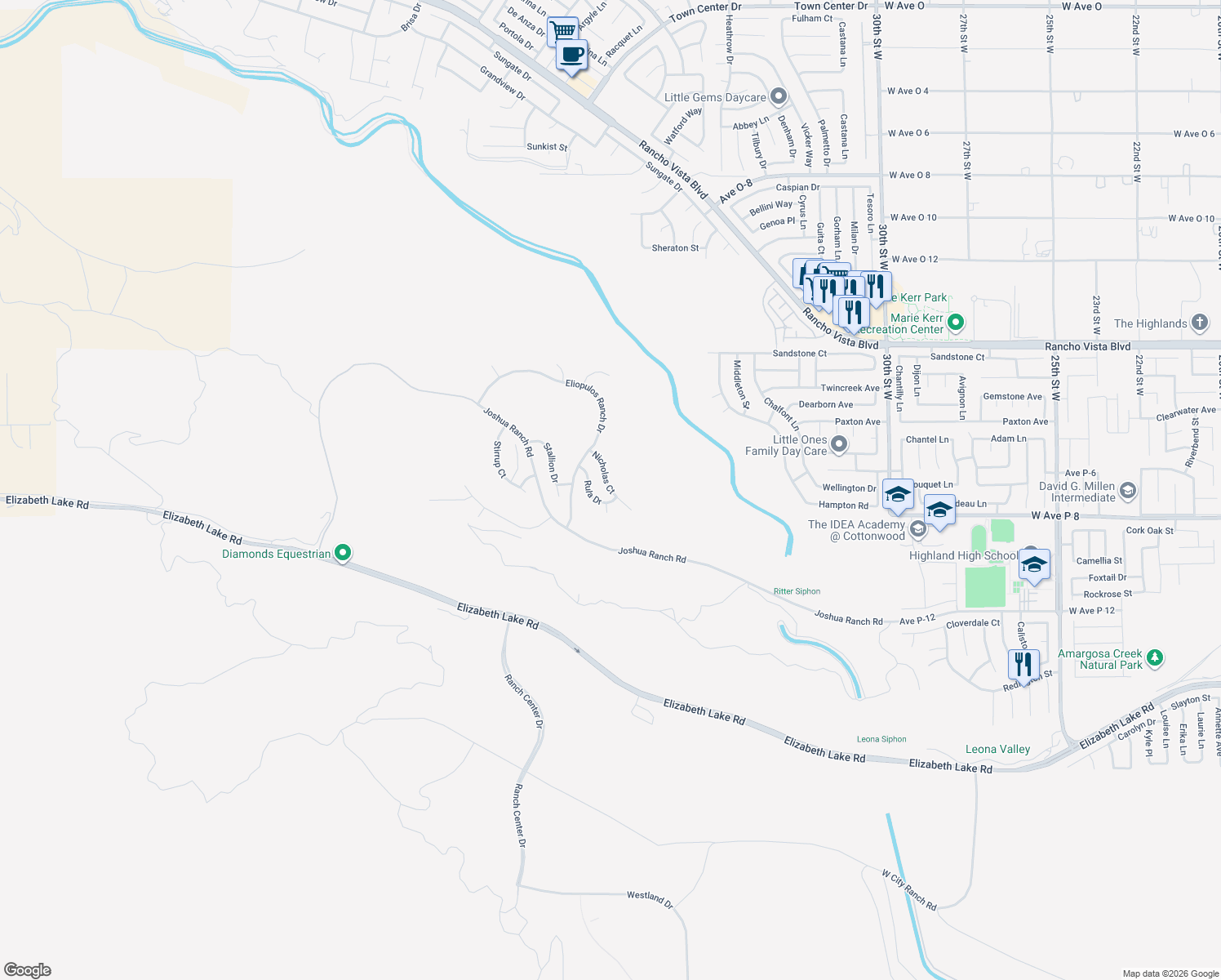map of restaurants, bars, coffee shops, grocery stores, and more near 39630 Nicholas Court in Palmdale