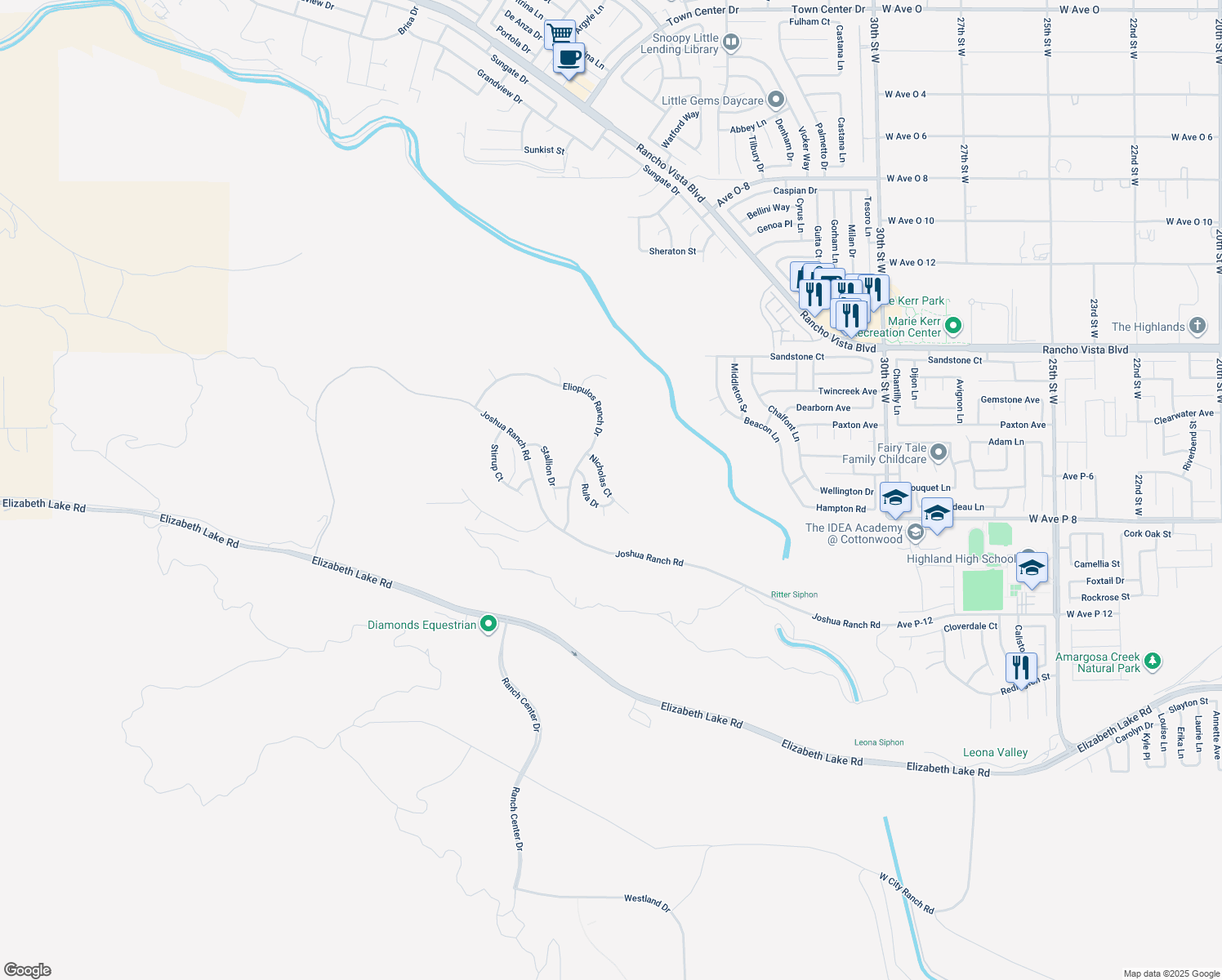 map of restaurants, bars, coffee shops, grocery stores, and more near 39635 Nicholas Court in Palmdale