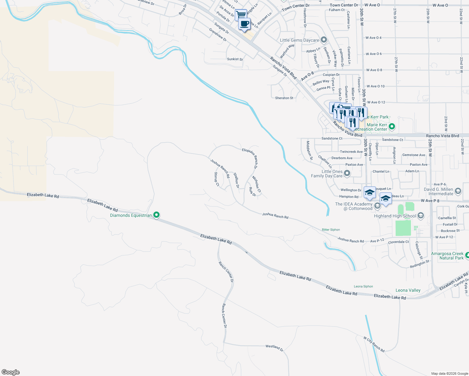 map of restaurants, bars, coffee shops, grocery stores, and more near 39243 Stallion Drive in Palmdale