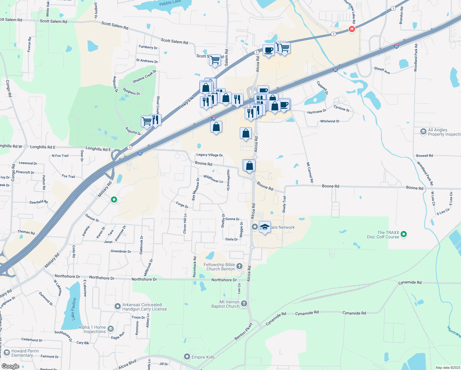 map of restaurants, bars, coffee shops, grocery stores, and more near 3524 Hazelwood Drive in Benton