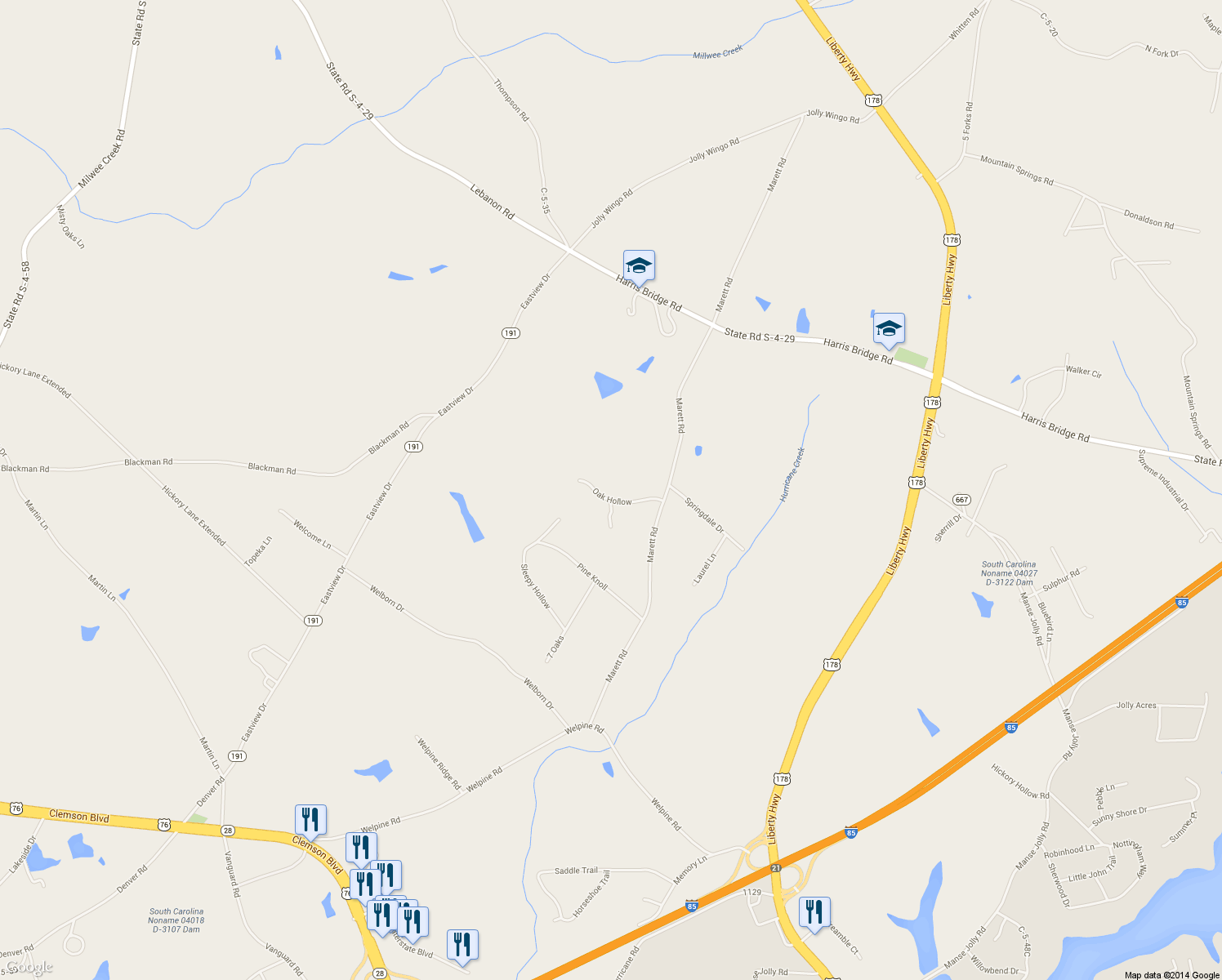 map of restaurants, bars, coffee shops, grocery stores, and more near 200 Oak Hollow in Pendleton