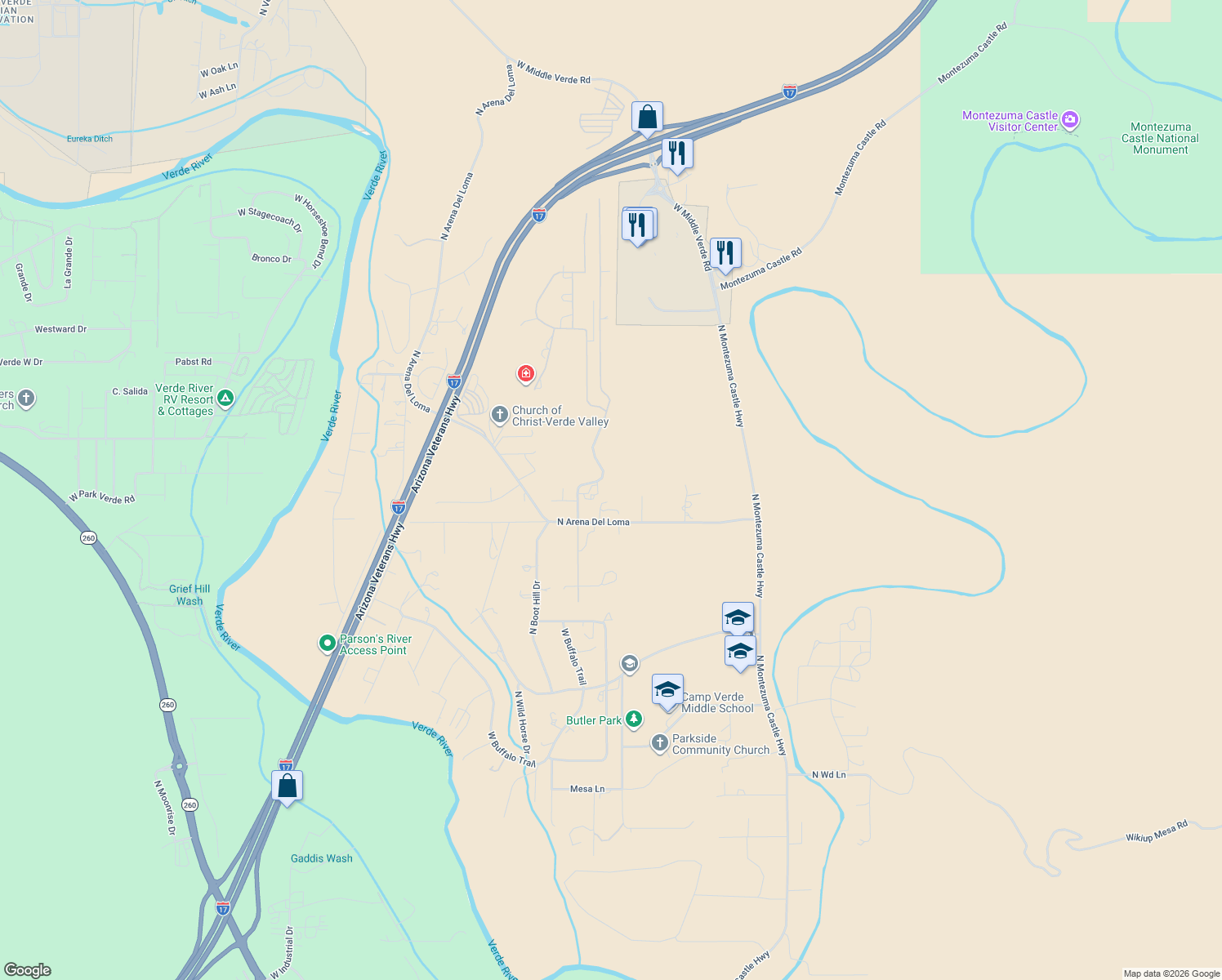 map of restaurants, bars, coffee shops, grocery stores, and more near 1861 Montezuma Heights Road in Camp Verde