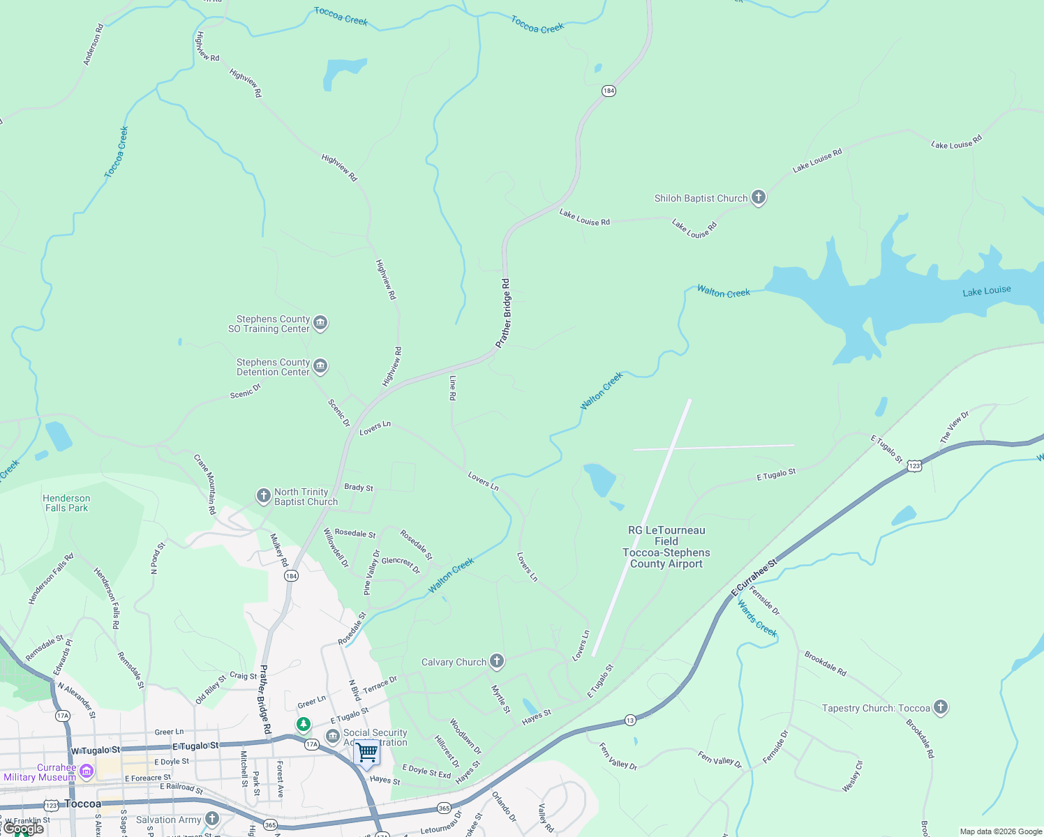 map of restaurants, bars, coffee shops, grocery stores, and more near 281 Line Road in Toccoa