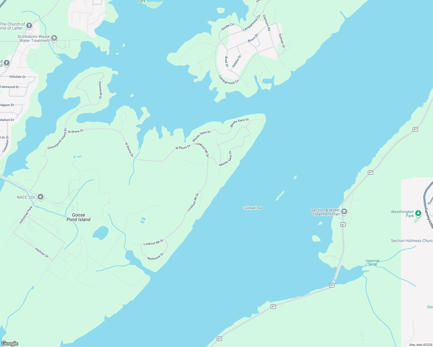 map of restaurants, bars, coffee shops, grocery stores, and more near 1231 Monte Sano Drive in Scottsboro