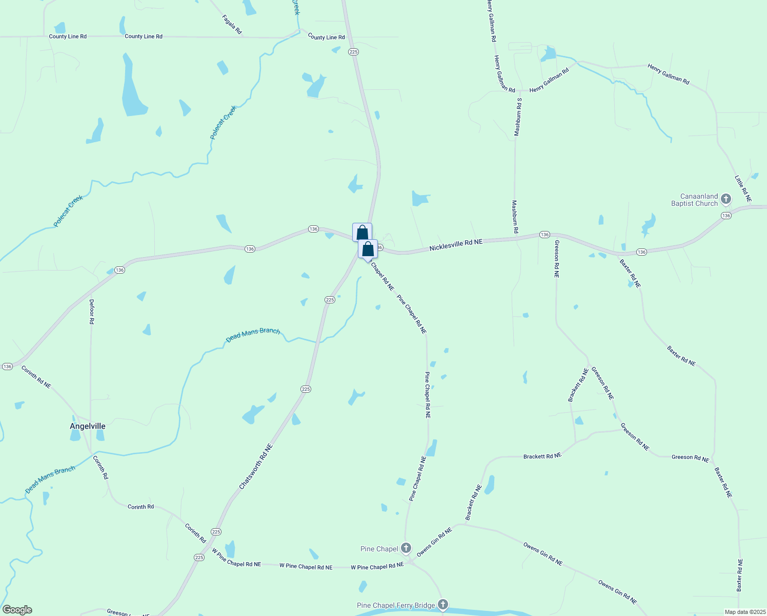 map of restaurants, bars, coffee shops, grocery stores, and more near 2895 Pine Chapel Road Northeast in Resaca