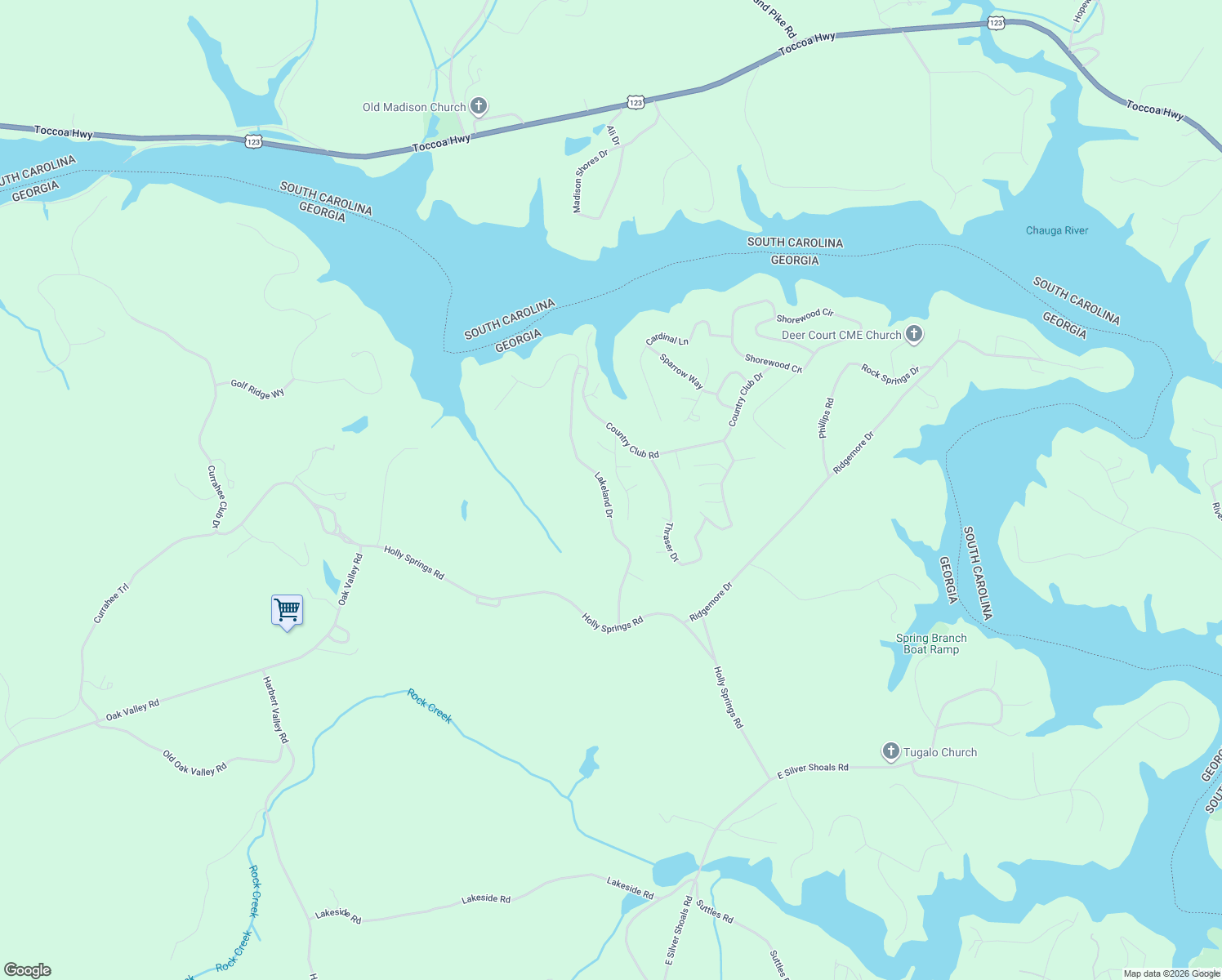 map of restaurants, bars, coffee shops, grocery stores, and more near 392 Lakeland Drive in Toccoa