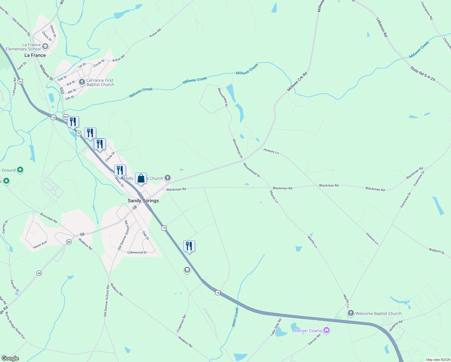 map of restaurants, bars, coffee shops, grocery stores, and more near 852 Blackman Road in Pendleton