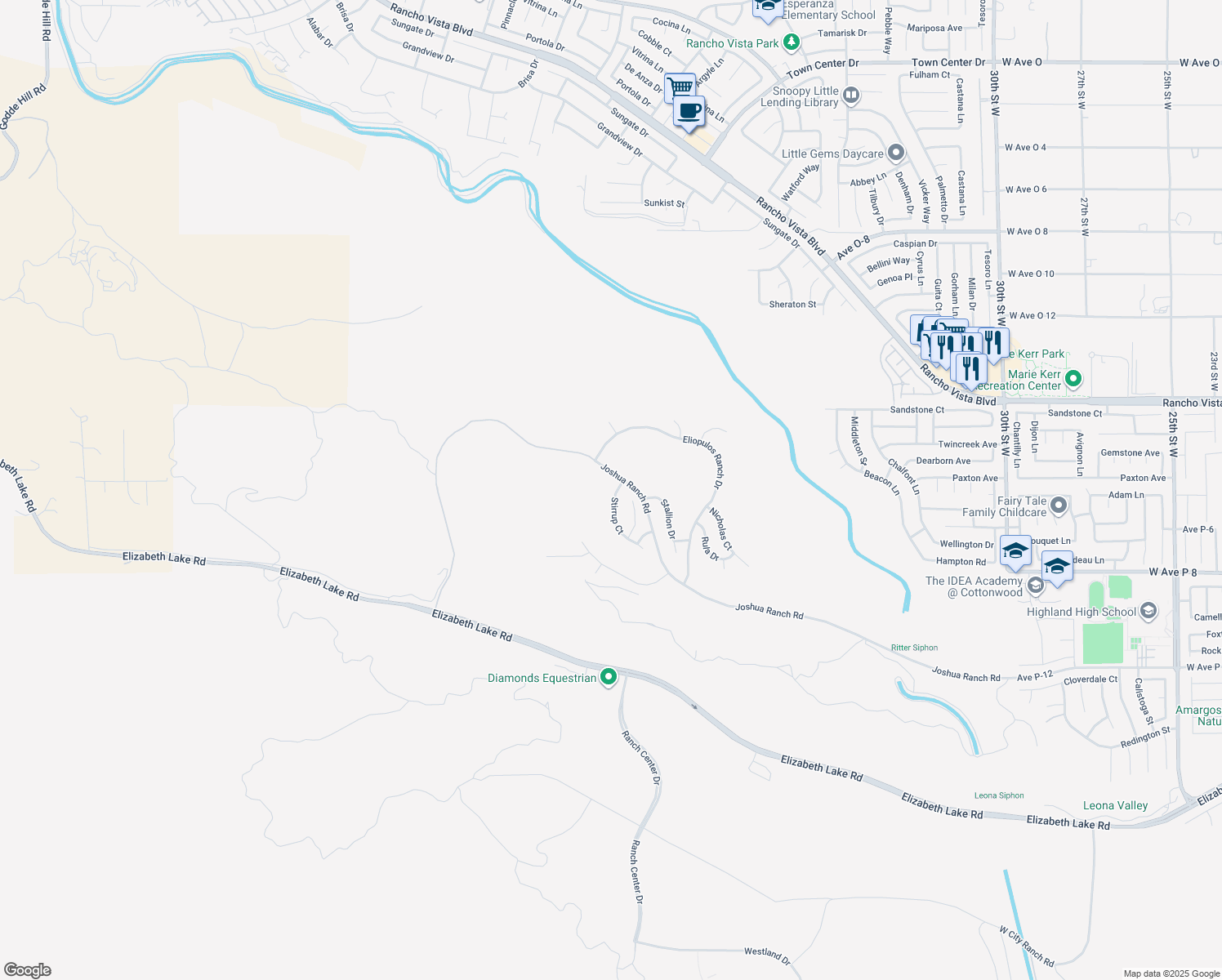 map of restaurants, bars, coffee shops, grocery stores, and more near 39367 Stirrup Court in Palmdale