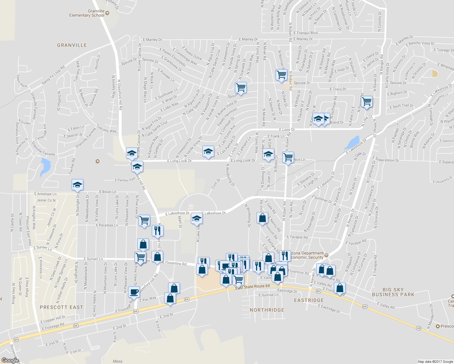 map of restaurants, bars, coffee shops, grocery stores, and more near 7711 Loos Dr in Prescott Valley