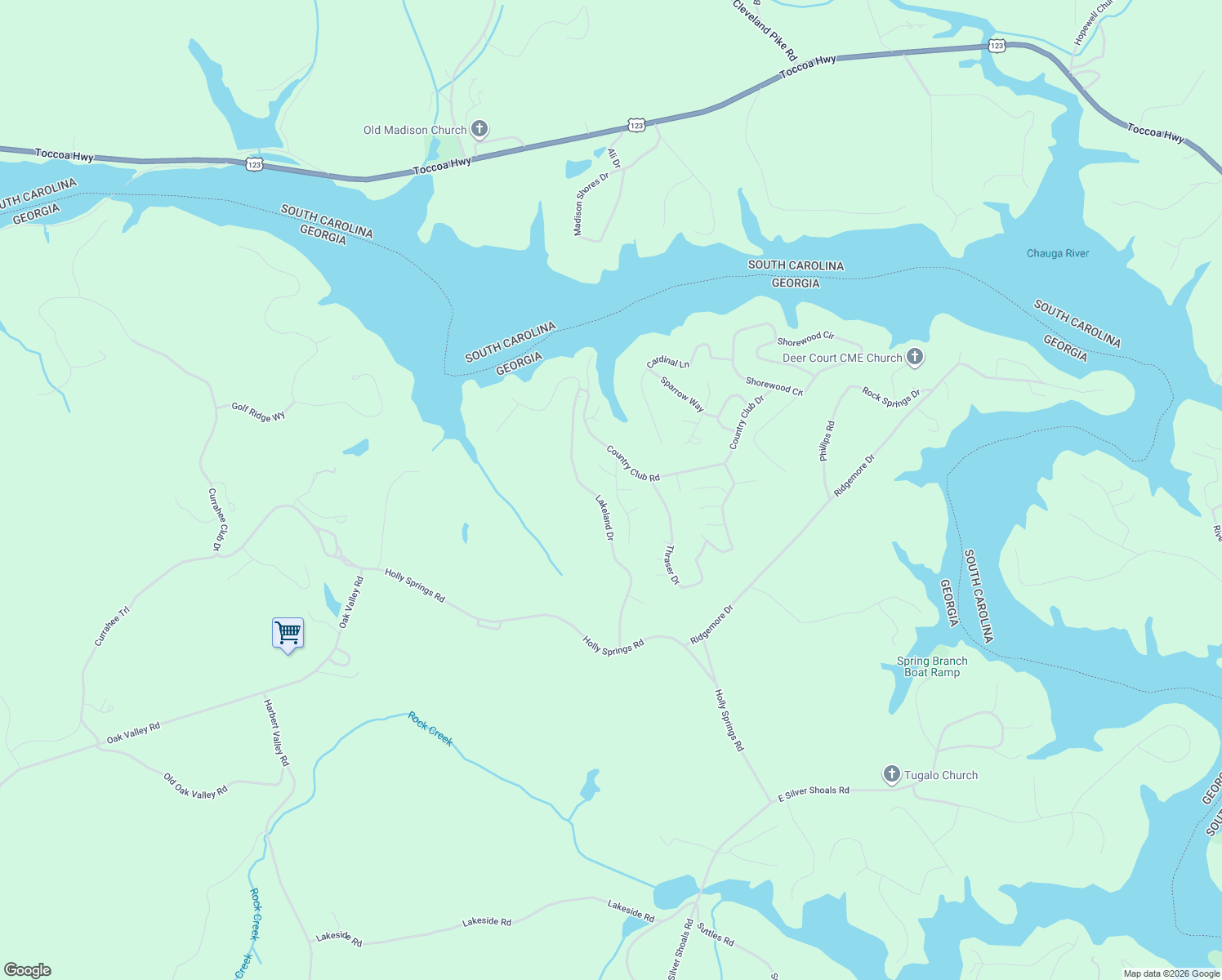 map of restaurants, bars, coffee shops, grocery stores, and more near 392 Lakeland Drive in Toccoa