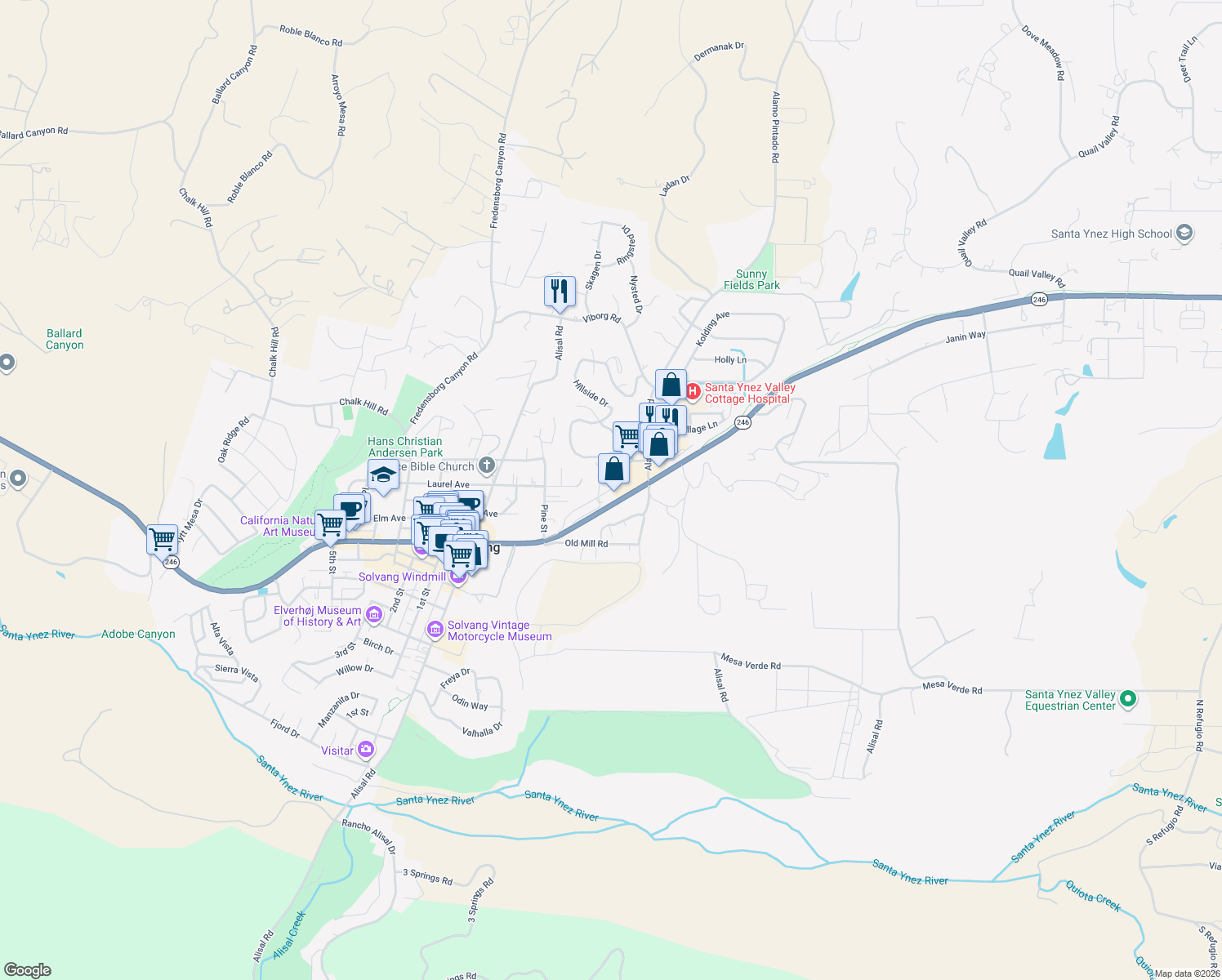 map of restaurants, bars, coffee shops, grocery stores, and more near Old Mission Dr in Solvang