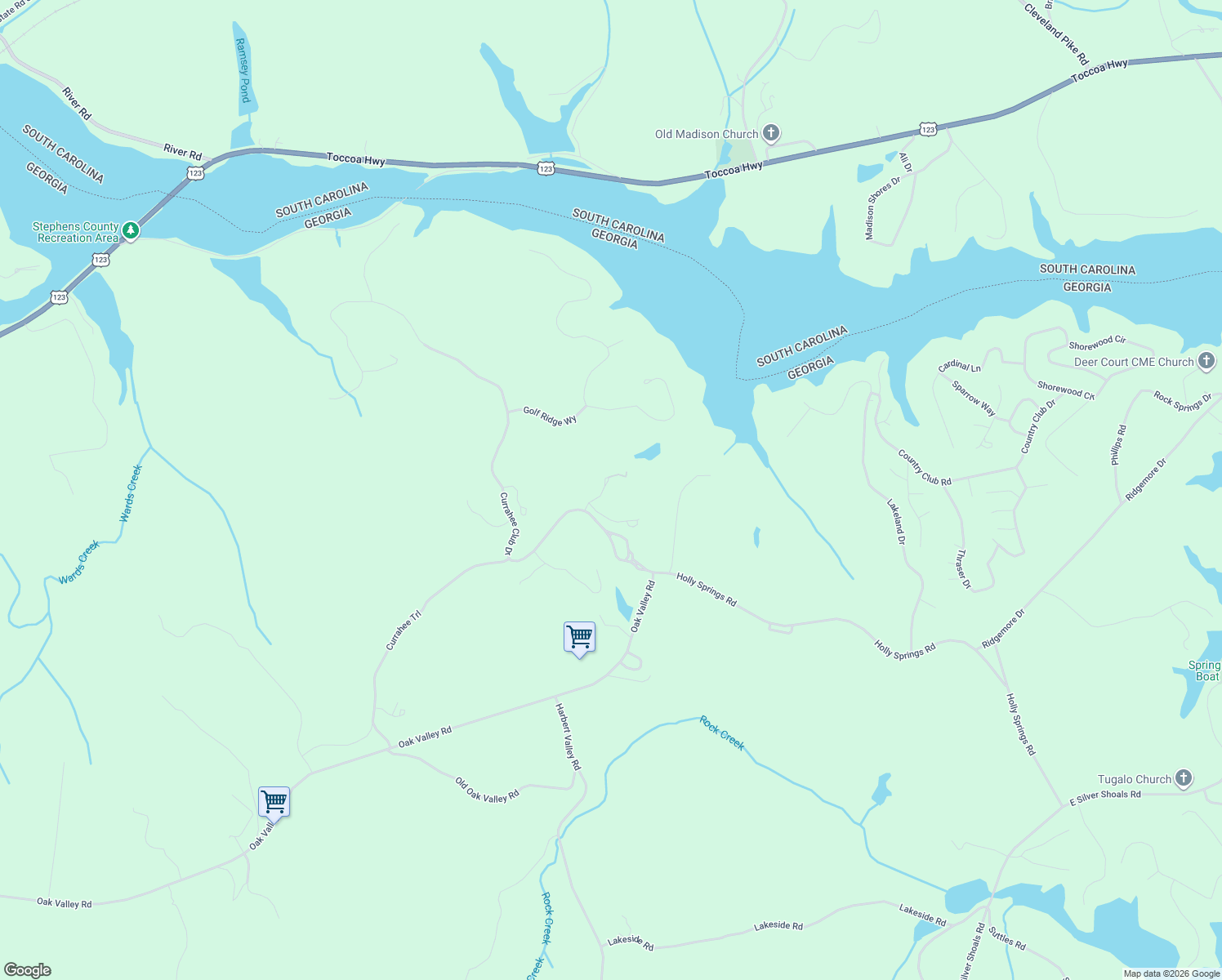 map of restaurants, bars, coffee shops, grocery stores, and more near 92 Timber Ridge Trail in Toccoa