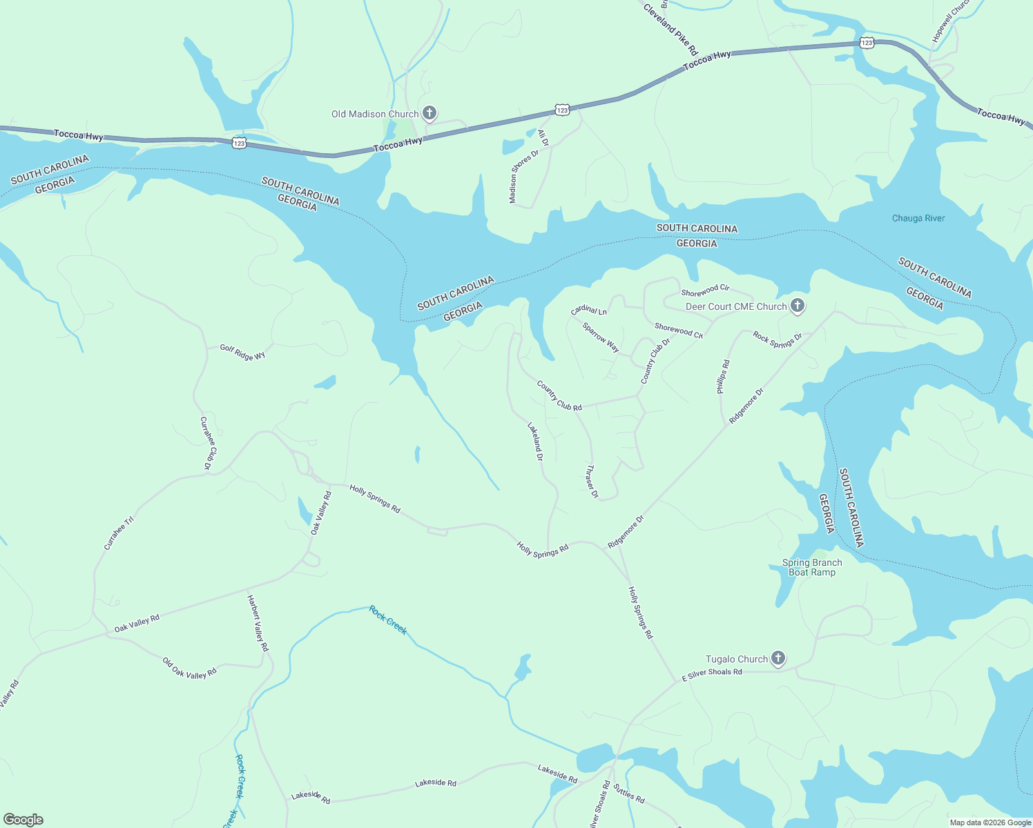 map of restaurants, bars, coffee shops, grocery stores, and more near Lakeland Drive in Toccoa