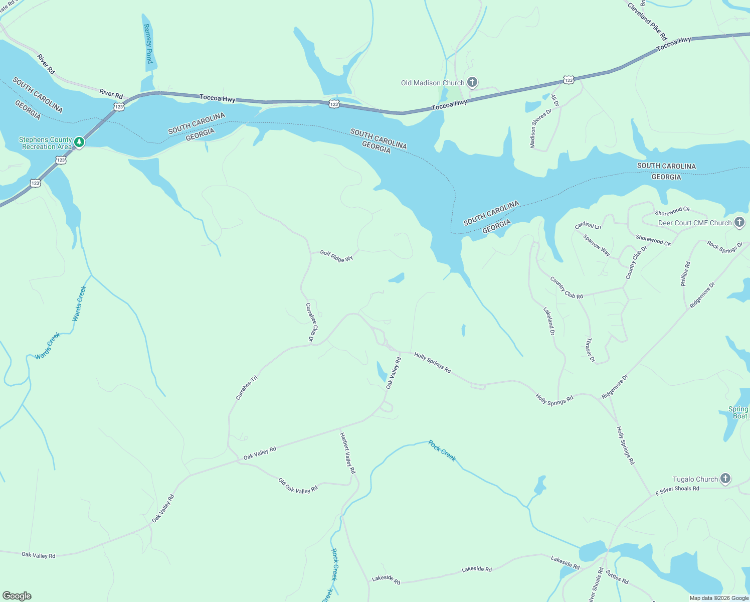 map of restaurants, bars, coffee shops, grocery stores, and more near 92 Timber Ridge Trail in Toccoa
