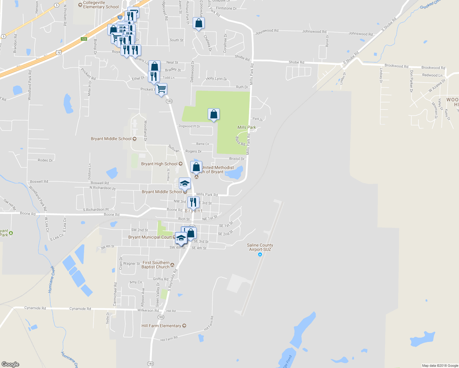 map of restaurants, bars, coffee shops, grocery stores, and more near 1 Arcadia Circle in Bryant
