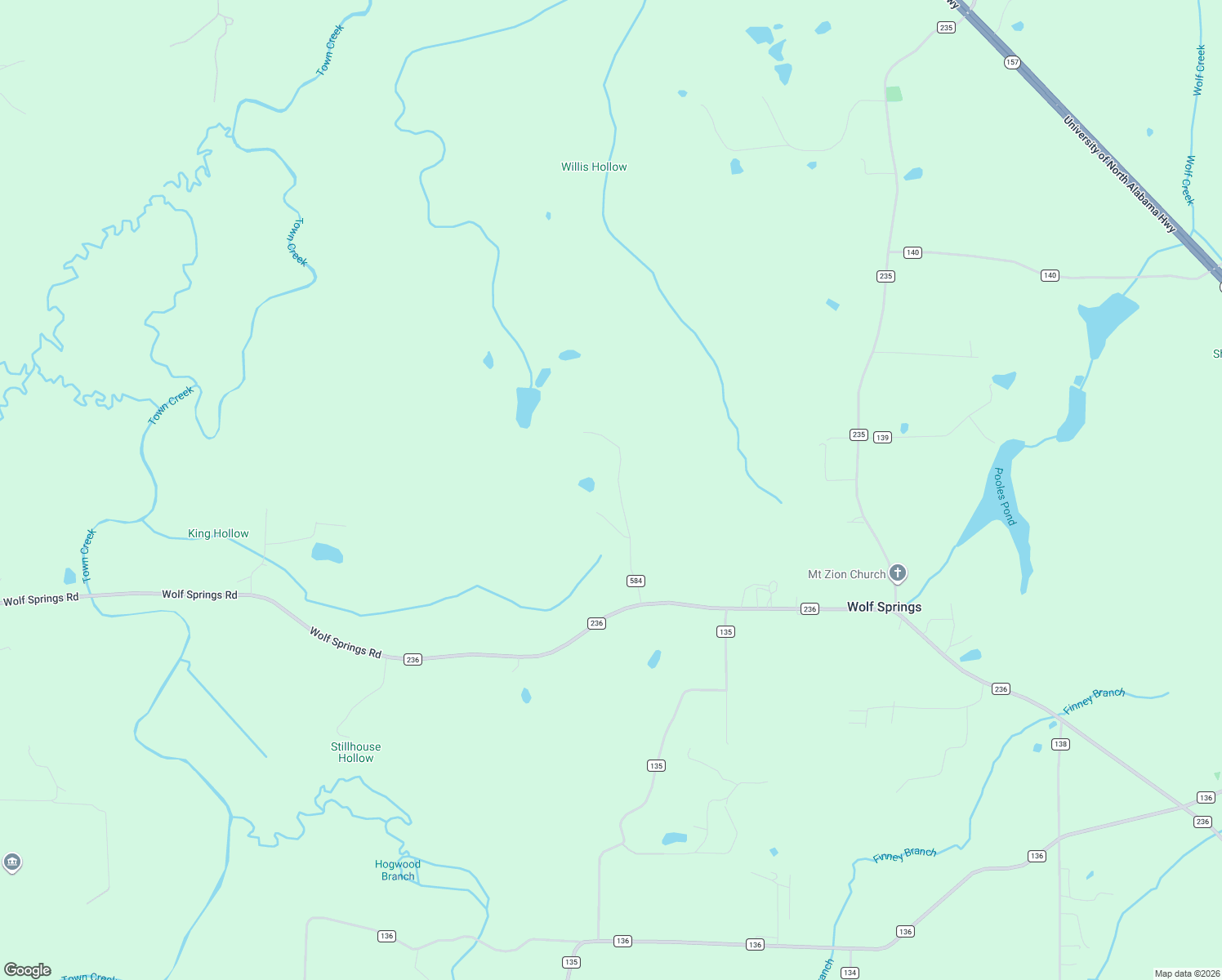 map of restaurants, bars, coffee shops, grocery stores, and more near 391 County Road 584 in Town Creek