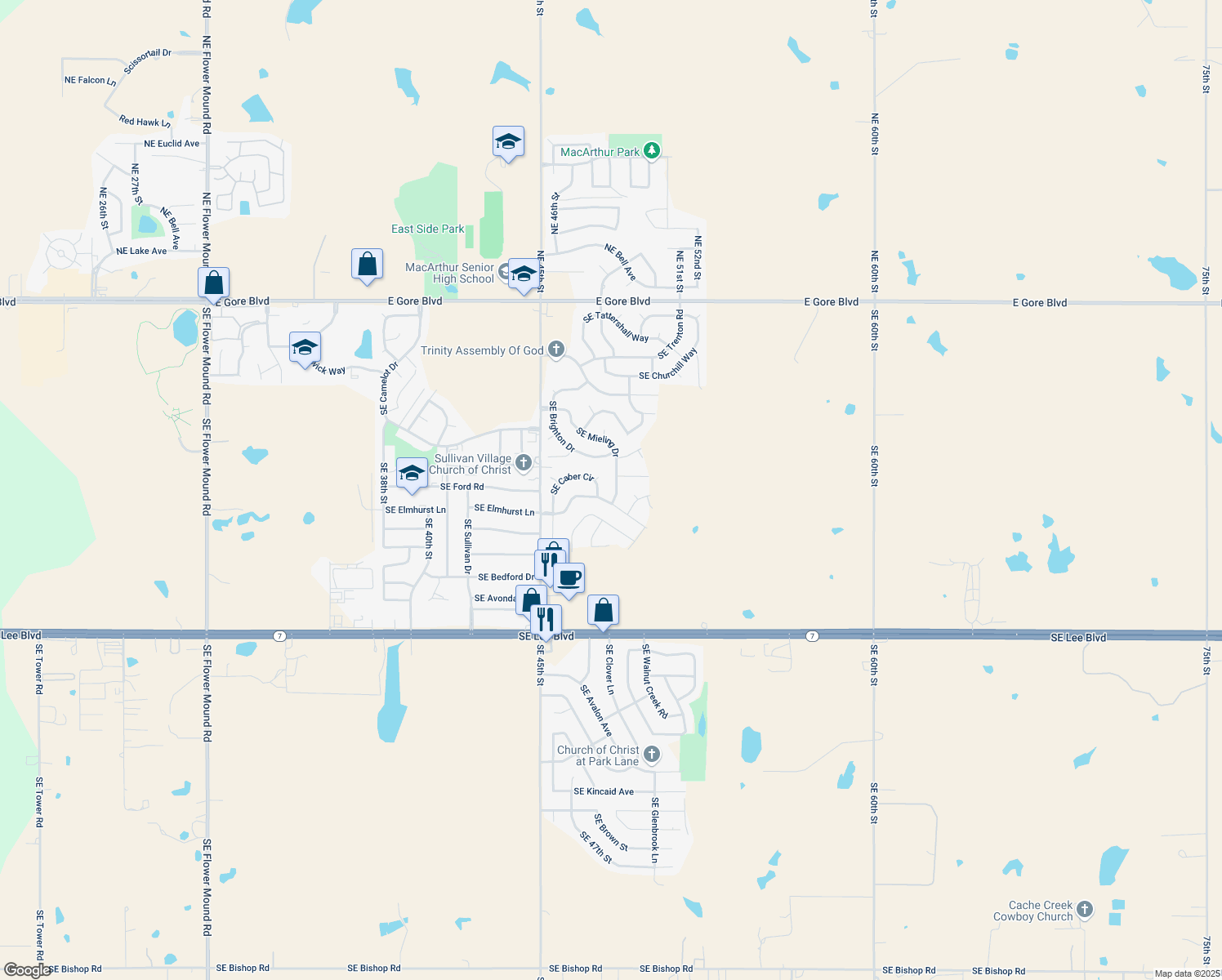 map of restaurants, bars, coffee shops, grocery stores, and more near 615 Southeast Mieling Drive in Lawton