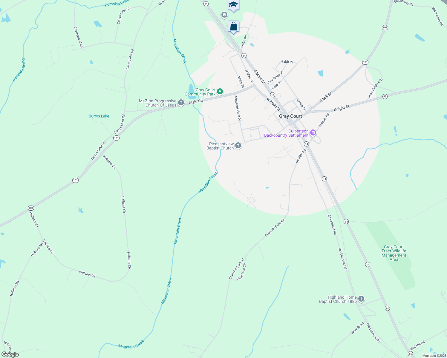 map of restaurants, bars, coffee shops, grocery stores, and more near 586 Georgia Acres Road in Gray Court