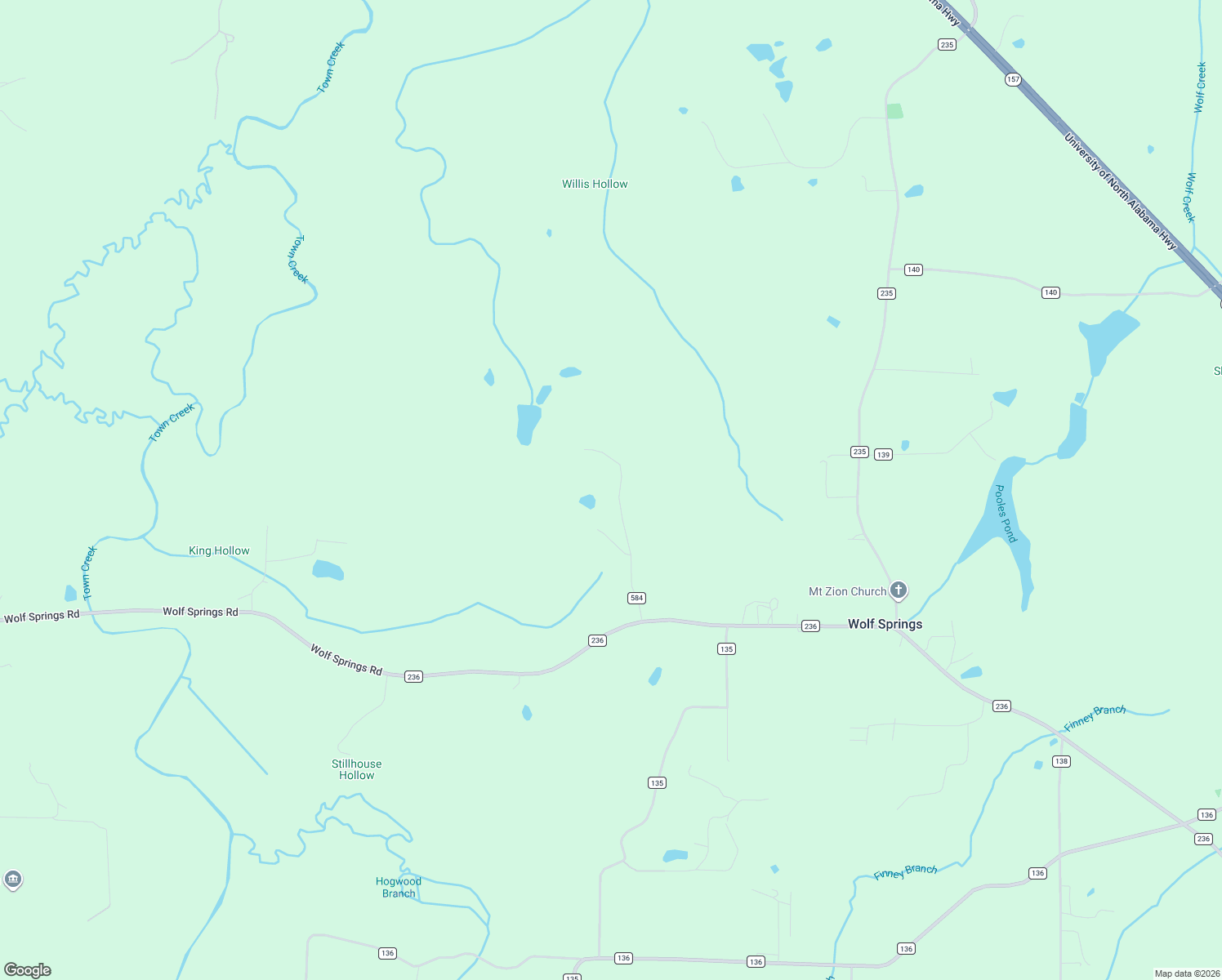 map of restaurants, bars, coffee shops, grocery stores, and more near 391 County Road 584 in Town Creek