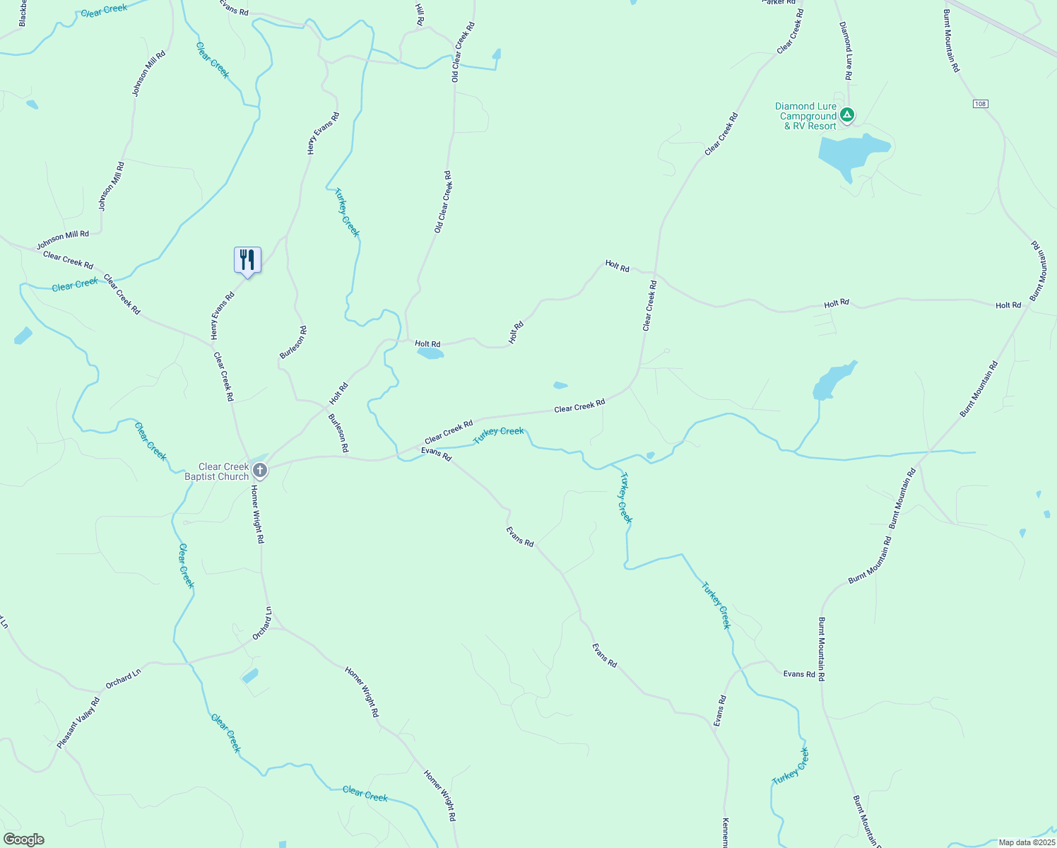 map of restaurants, bars, coffee shops, grocery stores, and more near Clear Creek Road in Ellijay