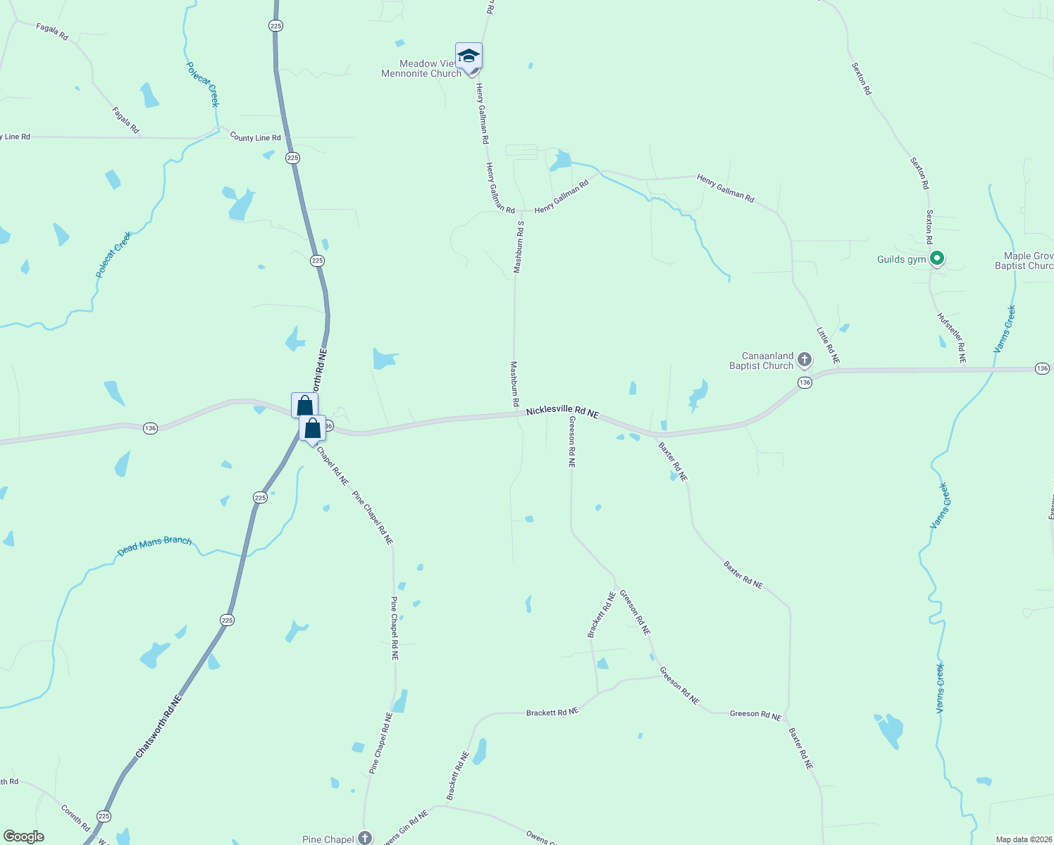 map of restaurants, bars, coffee shops, grocery stores, and more near 114 Brody Dr NE in Resaca