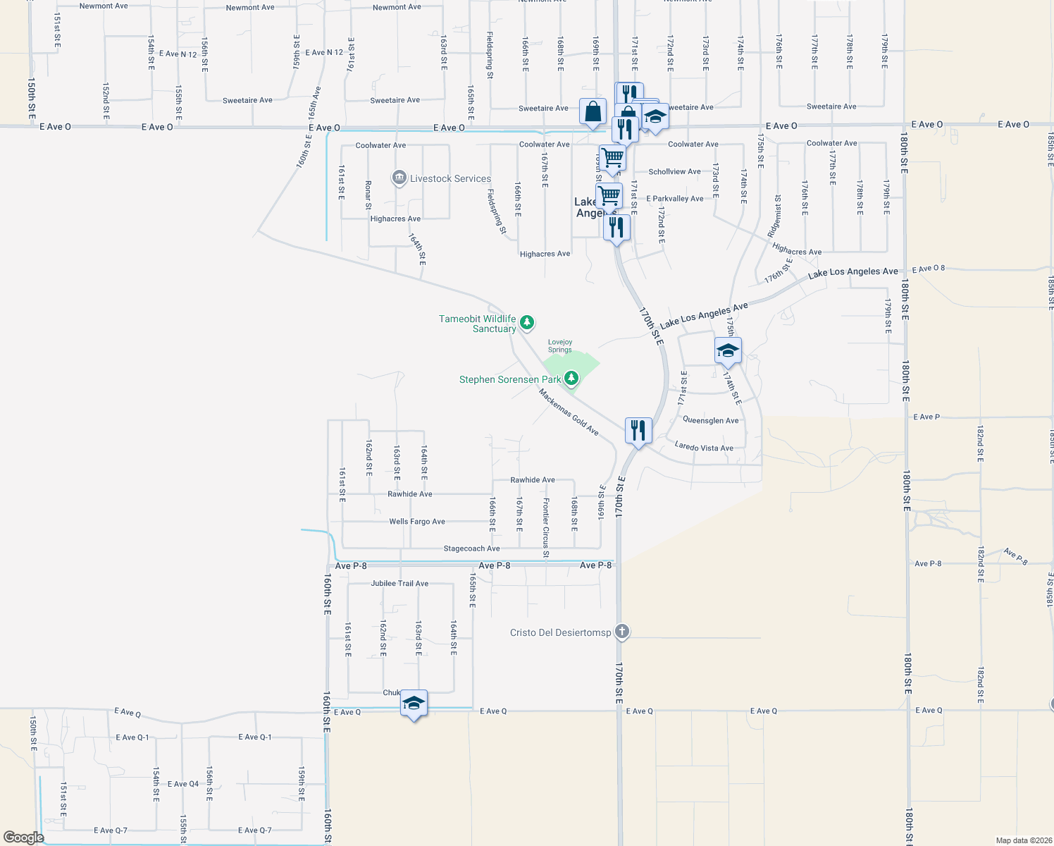map of restaurants, bars, coffee shops, grocery stores, and more near 39605 167th Street East in Palmdale