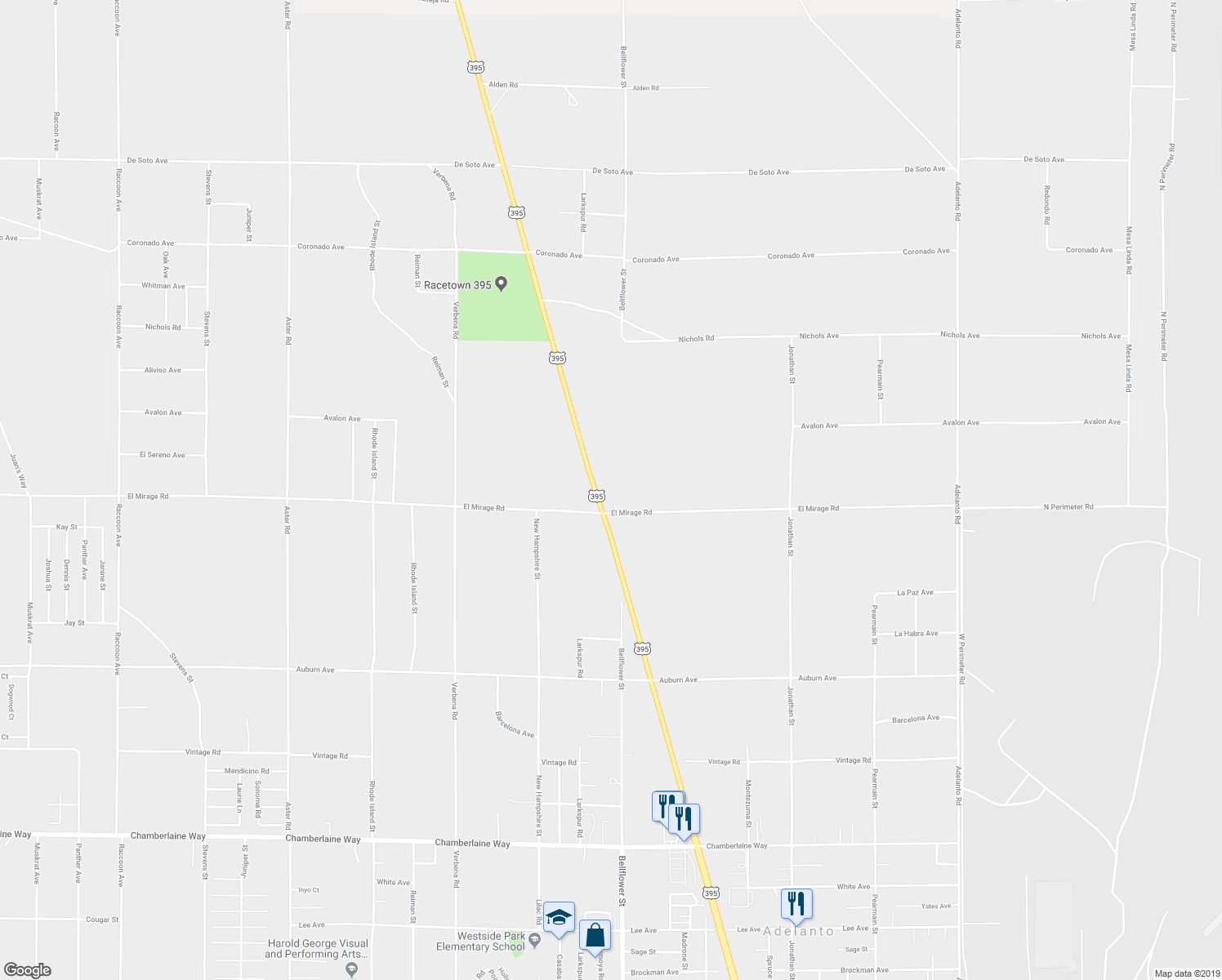 map of restaurants, bars, coffee shops, grocery stores, and more near 19315 U.S. 395 in Adelanto