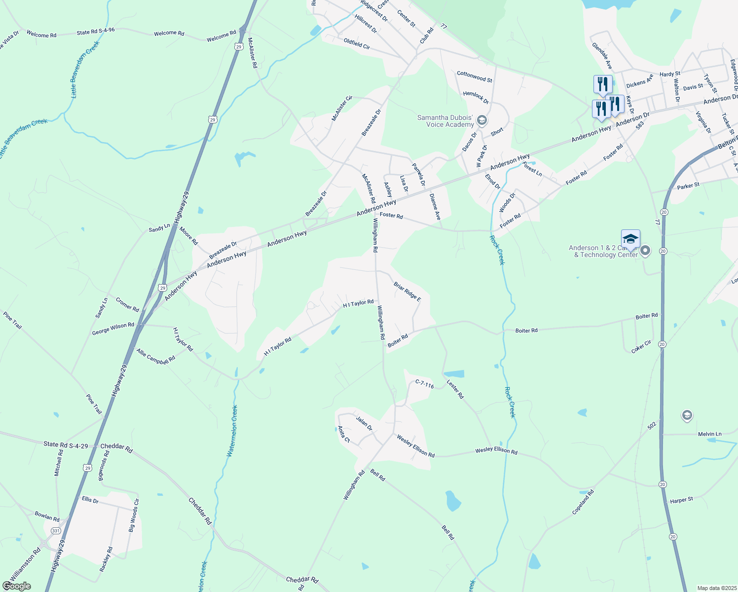 map of restaurants, bars, coffee shops, grocery stores, and more near 208 Willingham Road in Williamston